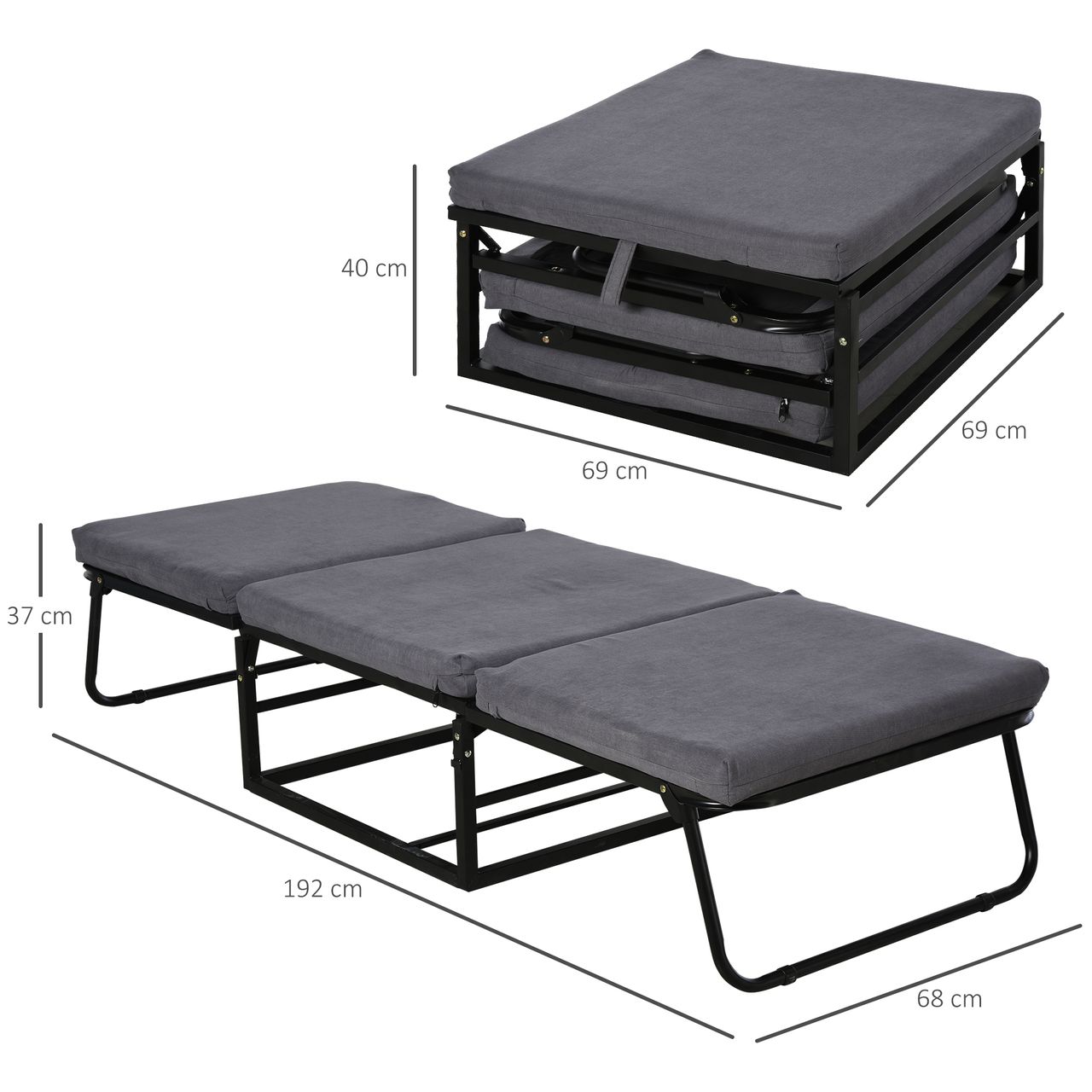 HOMCOM Gästebett klappbar, 2-in-1 Klappbett Hocker, Verstellbare Kopfteilhöhe, Polyester Stahl Schaumstoff, Grau, 192 x 68 x 37 cm
