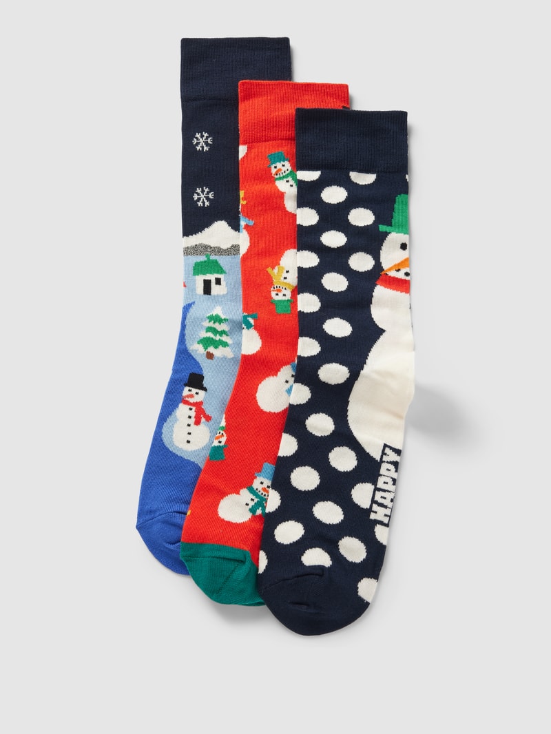 Socken mit Motiv-Print Modell 'Snowman' im 3er-Pack in dunkelblau