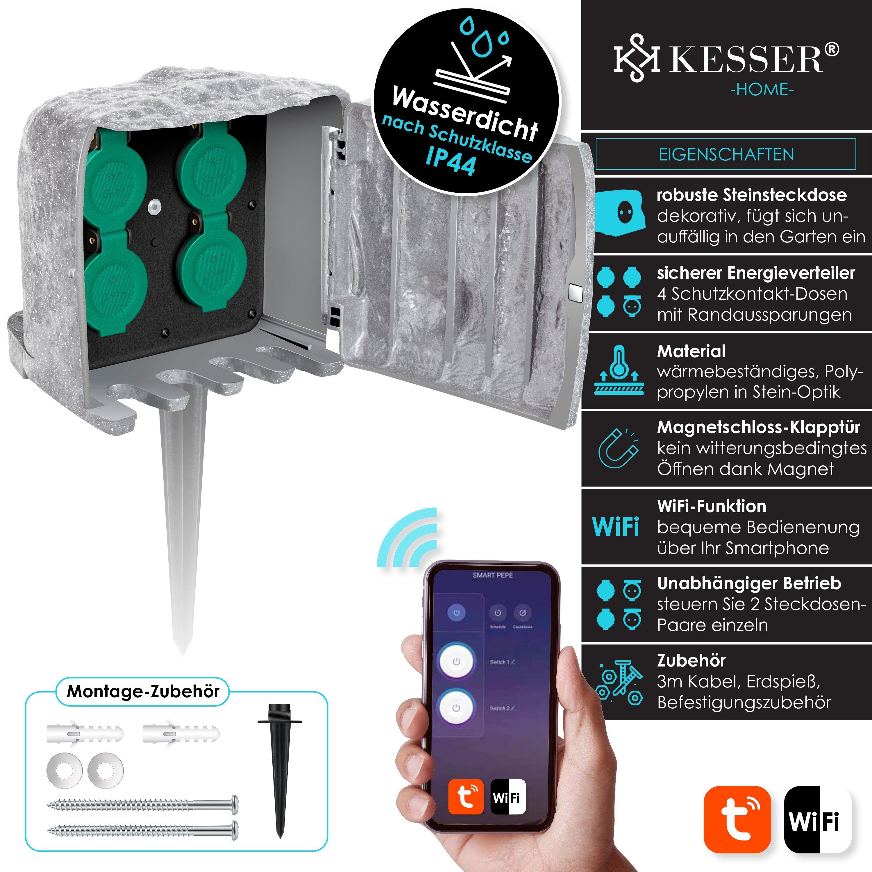 KESSER Gartensteckdose, Gartensteckdose Steinoptik mit Steckplätzen mit WiFi Fun