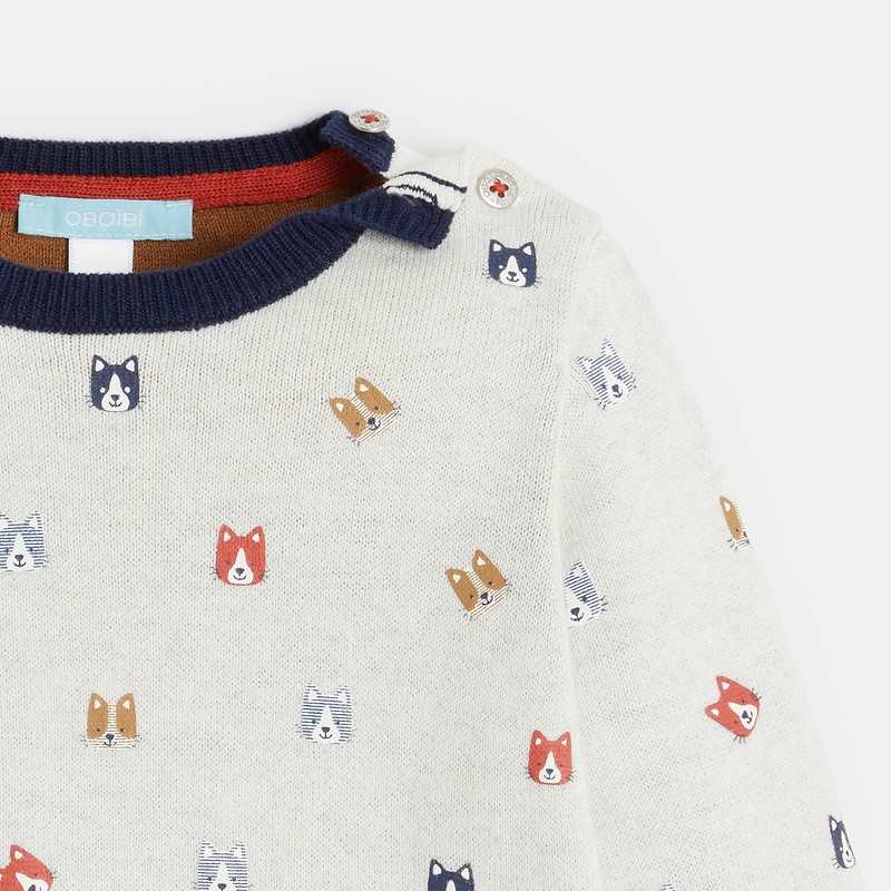 Pull épais maille tricot imprimé animaux gris bébé garçon
