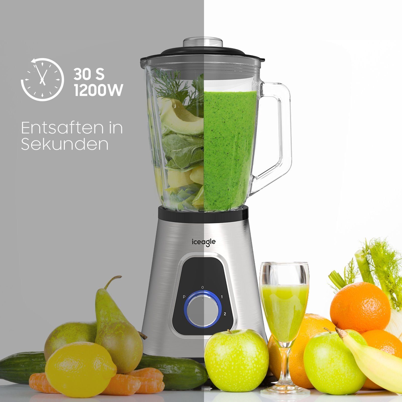 iceagle Standmixer Standmixer 2-in-1 Mixer Smoothie Maker Multifunktion Entsafte Fleisch, 1300,00 W, 2 Ebenen, Edelstahl, 1,5L Glasaufsatz, 0,6L Tragbare Tasse, 6-Kling