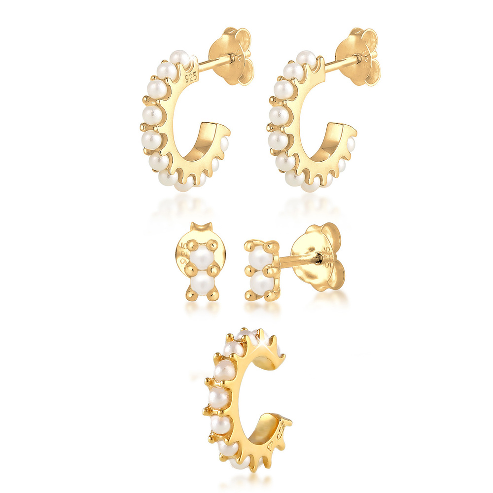 Elli Elli Boucles d'Oreilles Créoles Earcuff avec des perles synthétiques Boucles d'Or Boucles d'oreilles