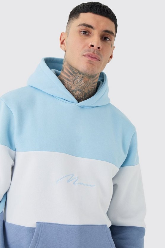 Tall hellblauer Colorblock Man Trainingsanzug mit Kapuze