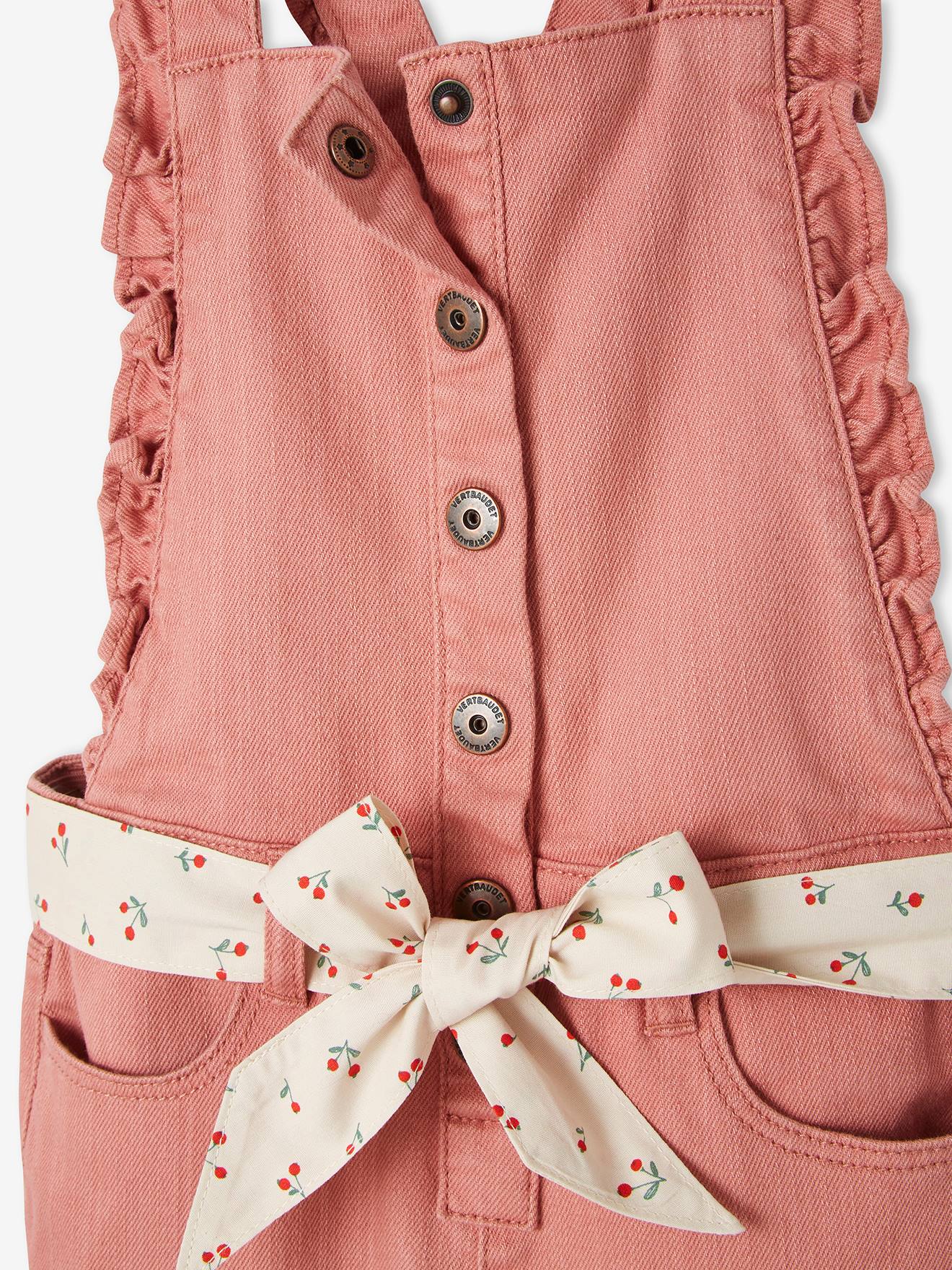 Salopette volantée fille ceinture imprimée cerises bois de rose