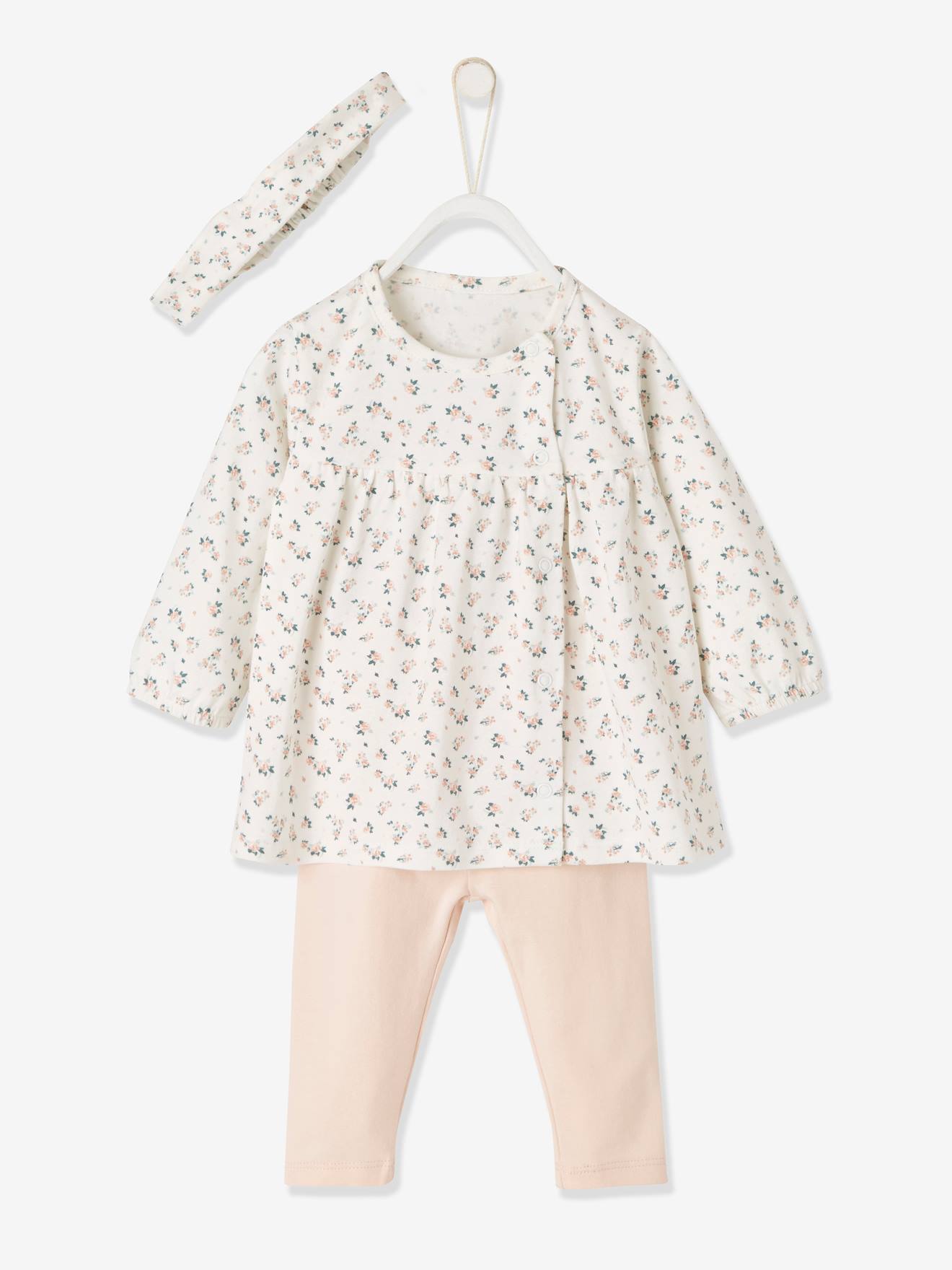 Ensemble bébé naissance 3 pièces bandeau, robe à motifs et legging nude imprimé