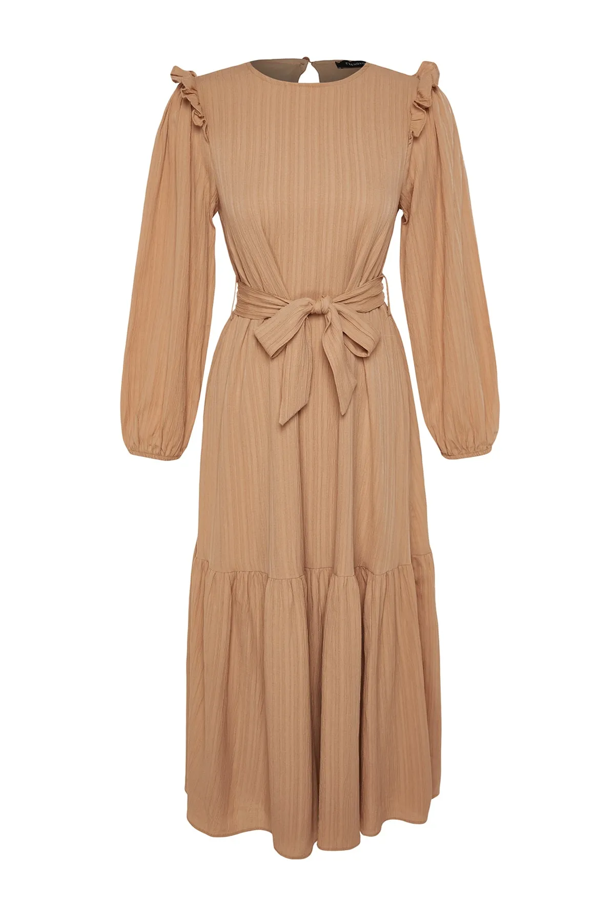 Trendyol Modest  Beiges Kleid aus Viskose-Mischgewebe mit Rüschenrock, Schultergurt und Volantfutter TCTSS23EB00290