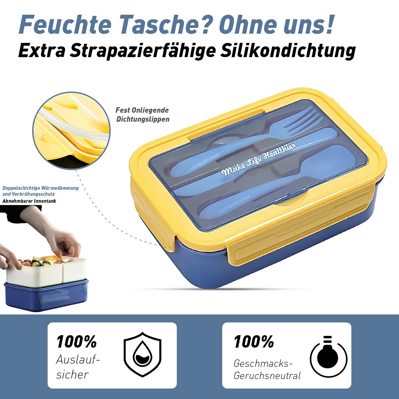MDHAND Lunchbox 1400ml Lunchbox für Erwachsene, Brotdose Kinder, PP5, (1-tlg), mit 3 FäChern für Schule Arbeit Picknick Reisen