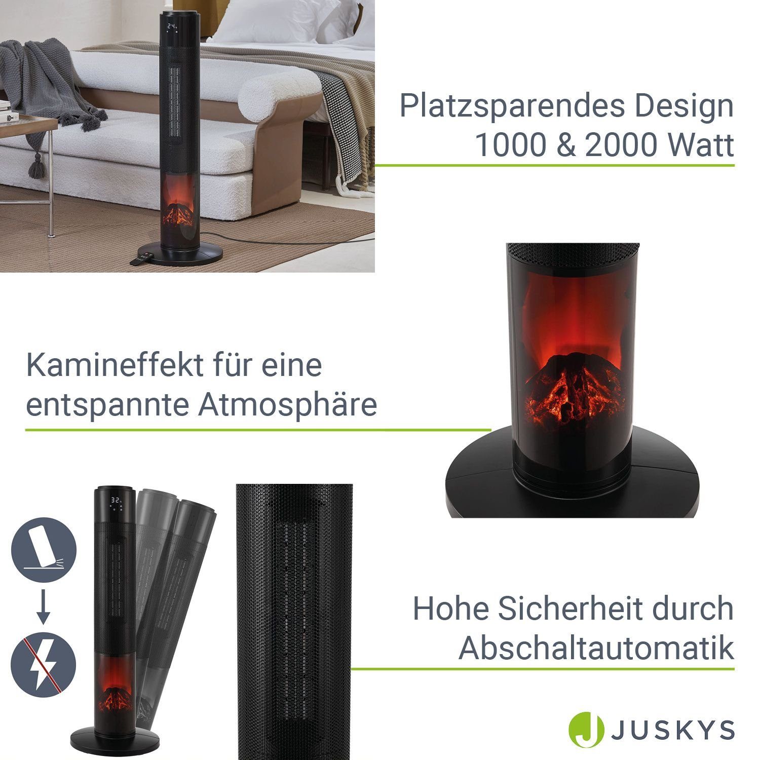 Juskys Heizlüfter Turm-Keramik-Heizer 1000/2000W in Schwarz, 2000 W, 2 Leistungsstufen, 50° Oszillation, LCD, Fernbedienung, Kamineffekt