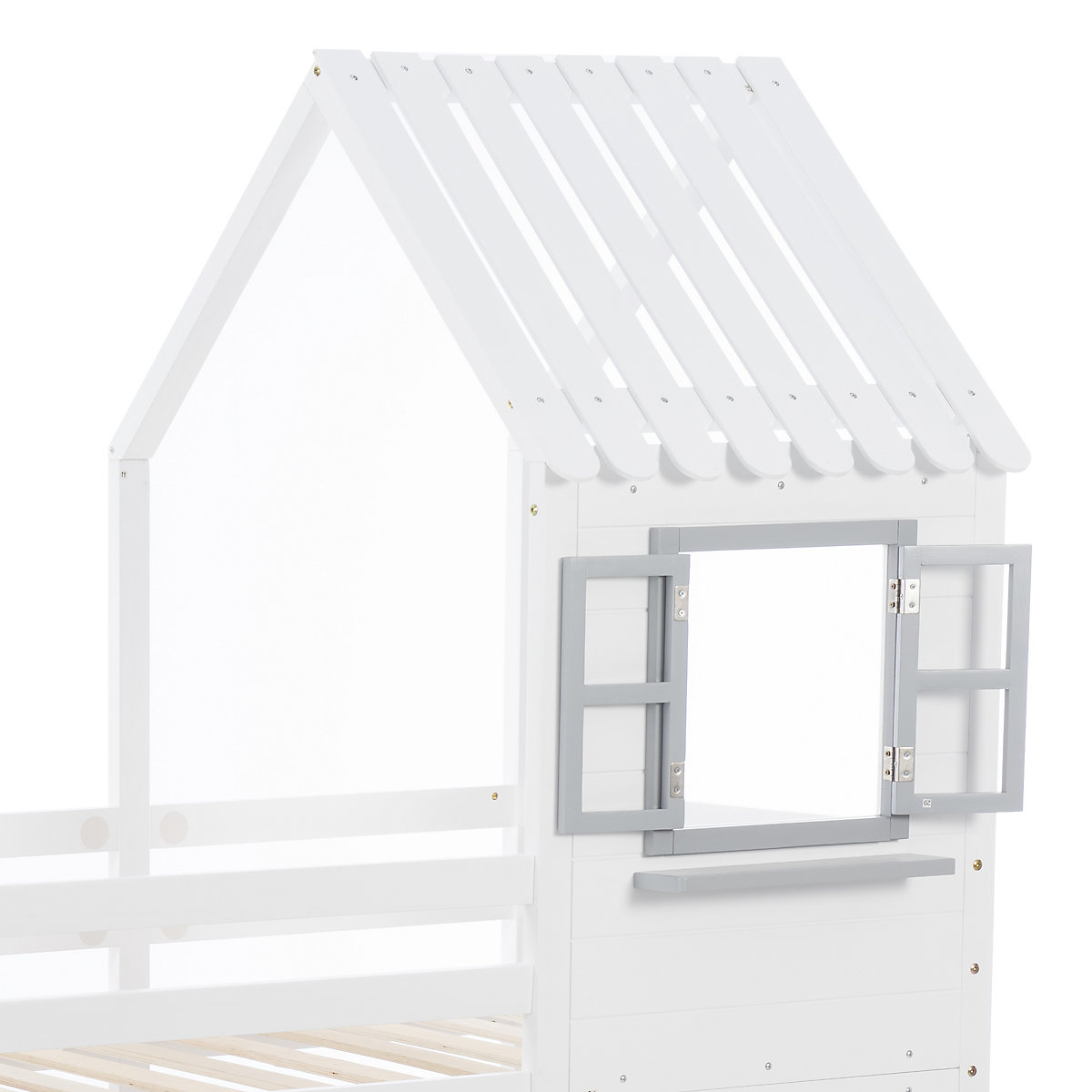 Etagenbett mit Handlauf und Fenster, Hausbett, Fallschutz und Gitter, Kiefer
