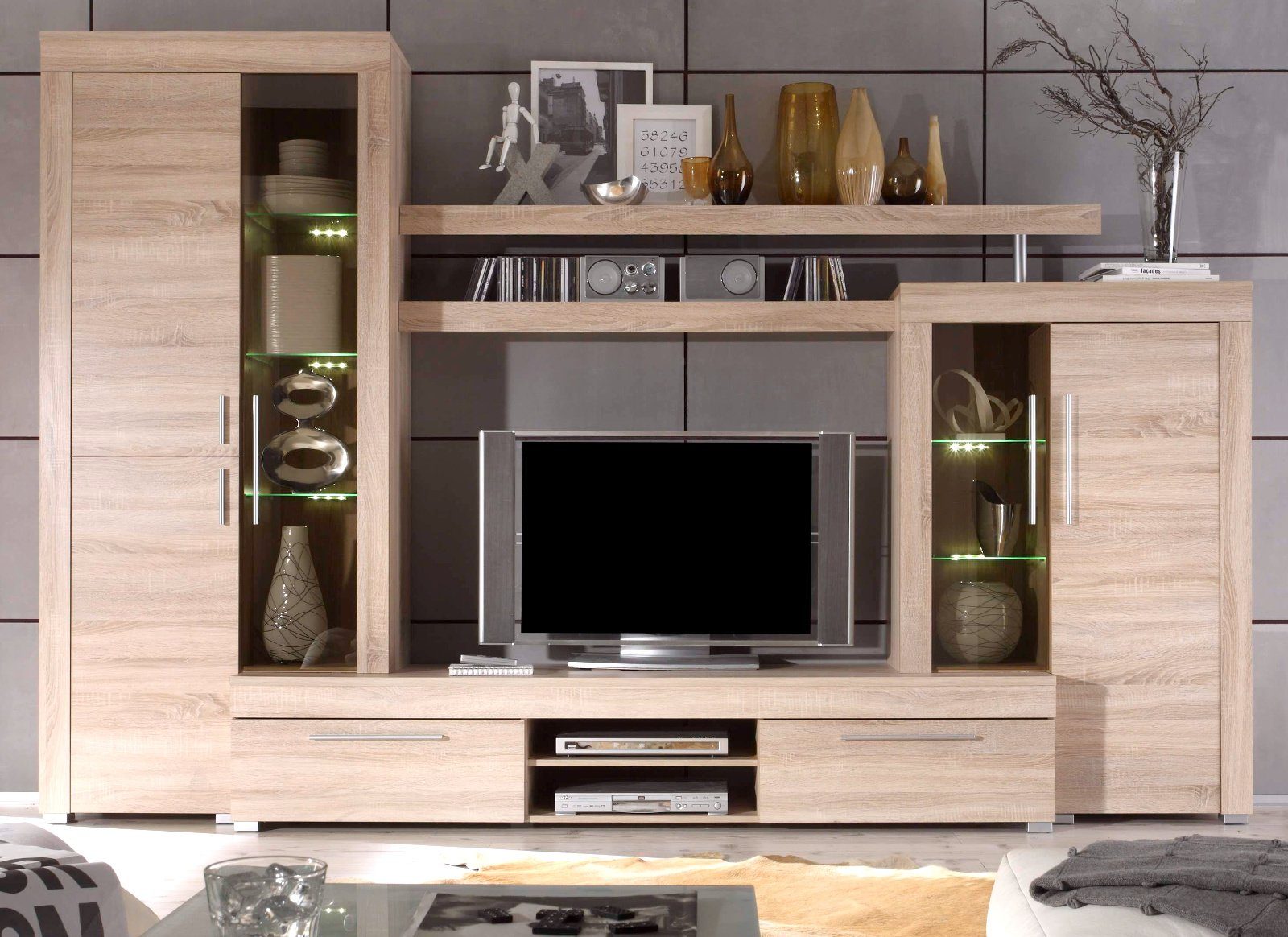 trendteam Wohnwand Boom, (Schrankwand Eiche Sonoma Dekor, 308 x 210), inklusive LED Beleuchtung