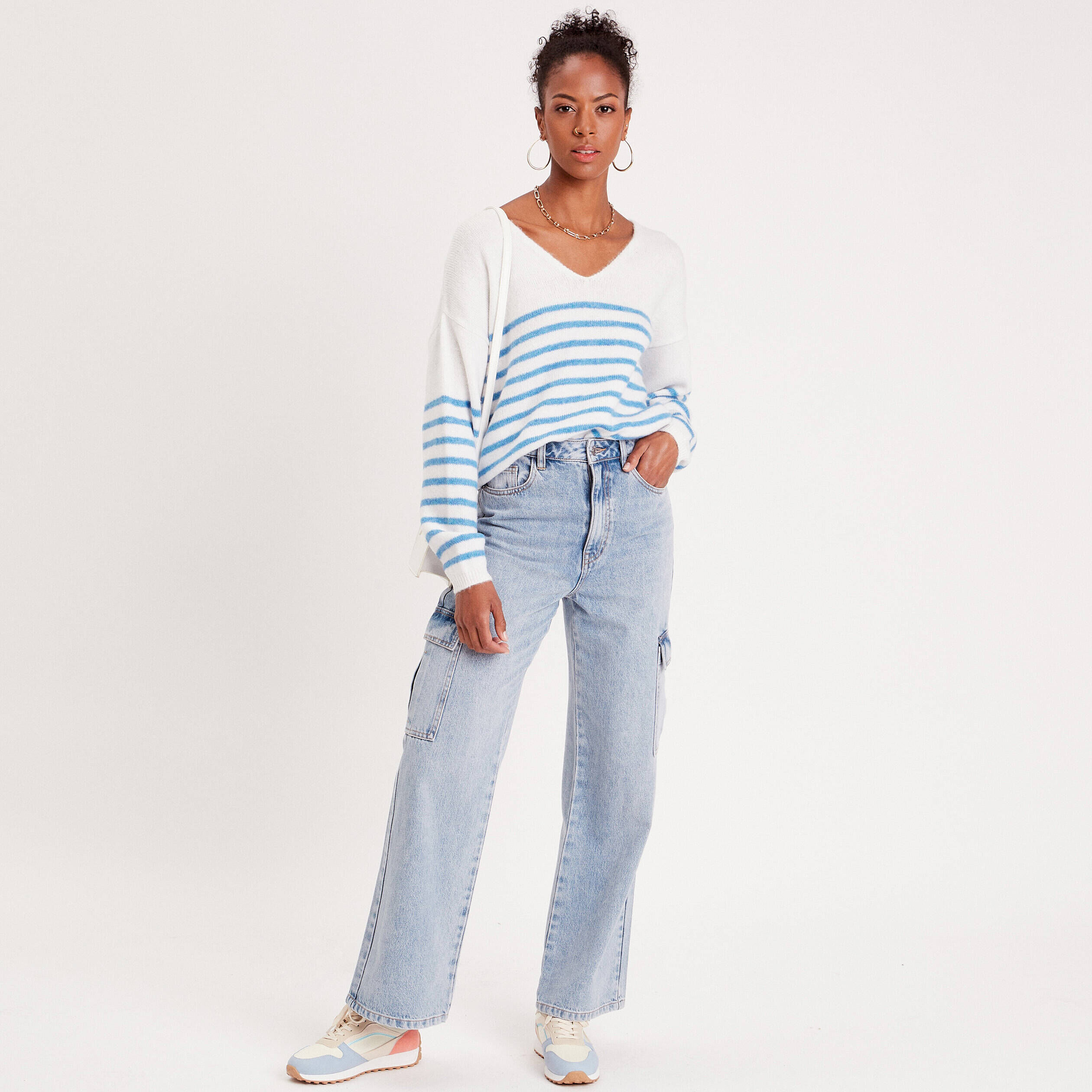 Pull manches longues col en V bleu femme | Cache Cache