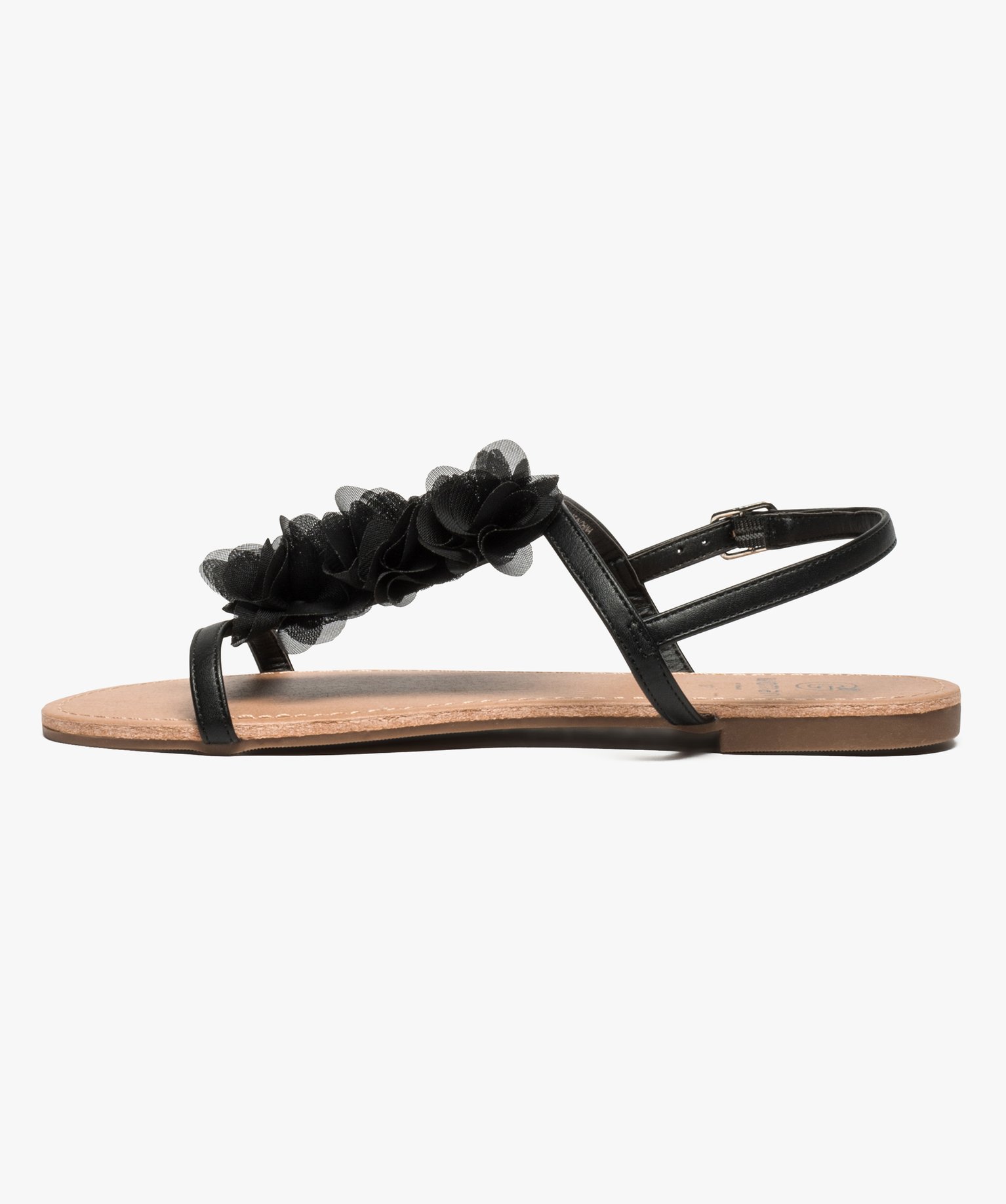 Sandales femme à talon plat ornées de fleurs en tissu noir | GEMO