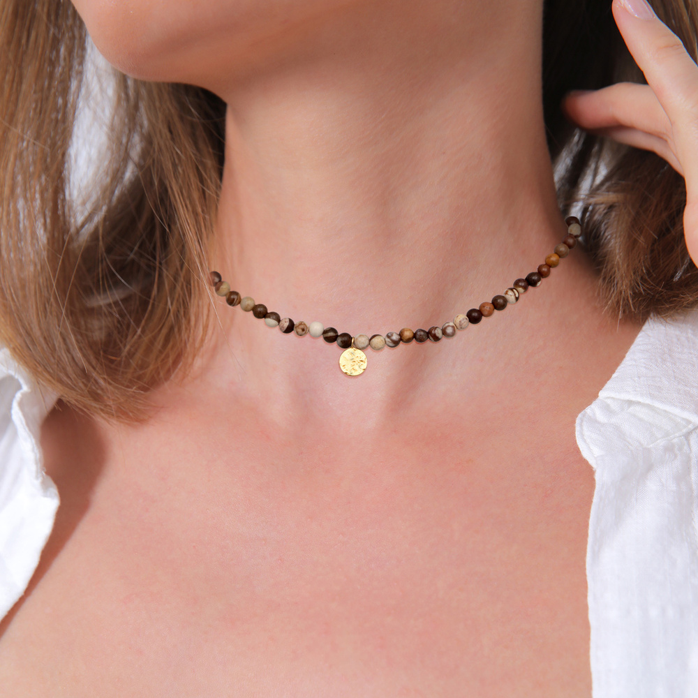 Elli PREMIUM Elli PREMIUM Collier Femmes plaquette perles boho avec pierre précieuse Jasper en collier