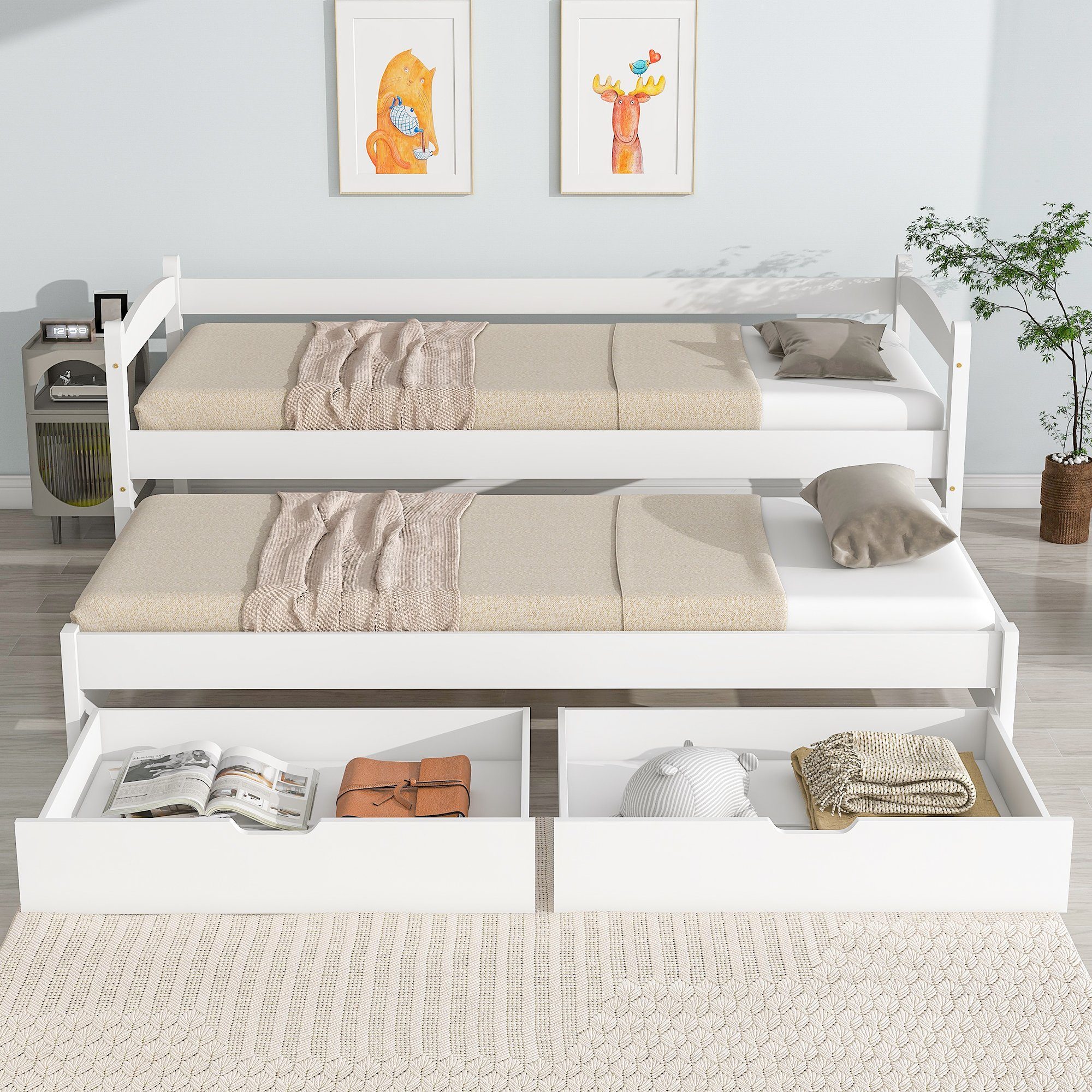WISHDOR Kinderbett Bett, Tagesbett, Einzel- und Doppelbett, Schiebebett (mit 2 MDF-Schubladen, mit Rollen unten 200x90cm/190x90cm), Ohne Matratze