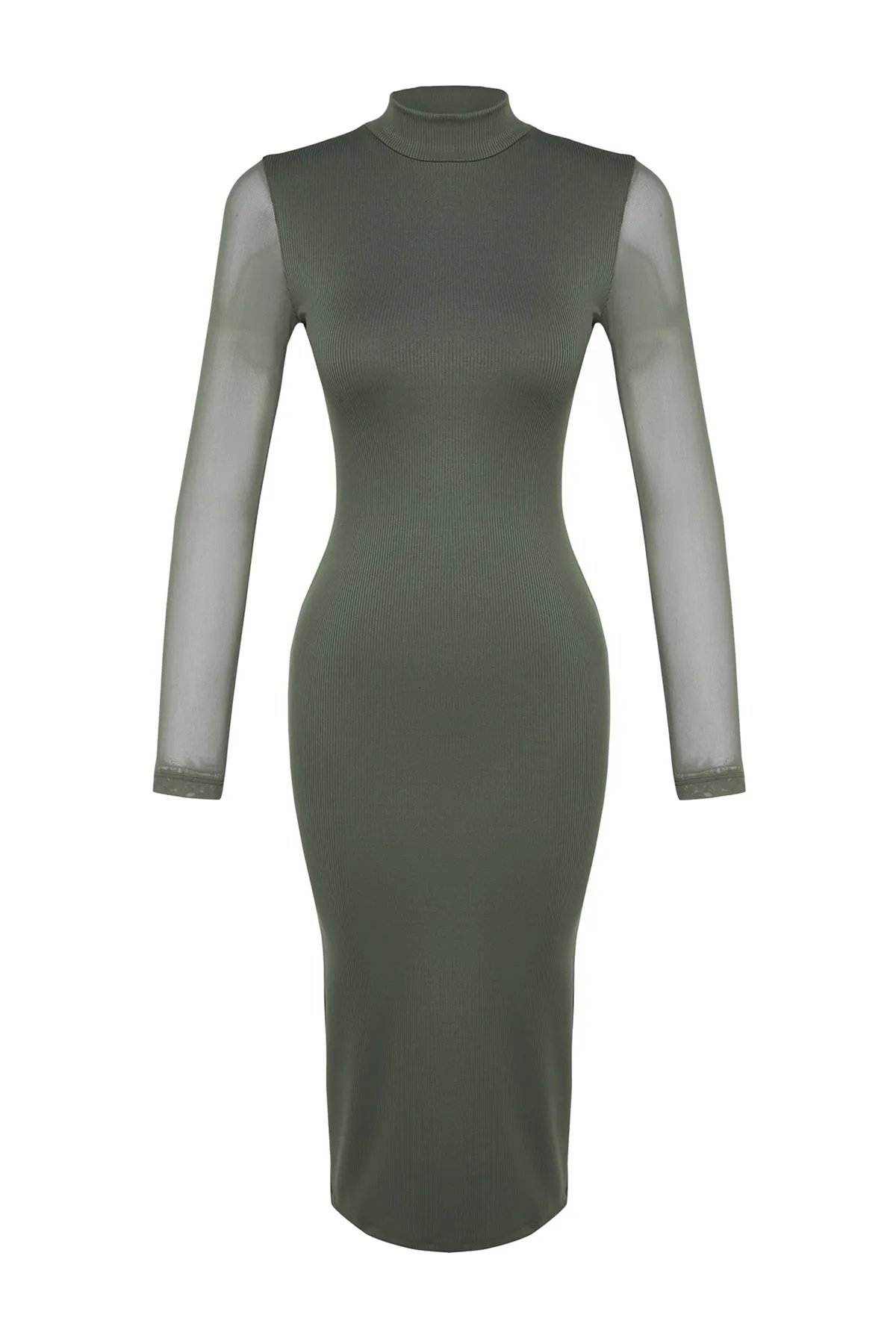 Trendyol Collection  Khakifarbenes, elegant geschnittenes Midi-Tüllkleid mit hohem Kragen und geripptem, flexiblem Strickkleid TWOAW24EL00177