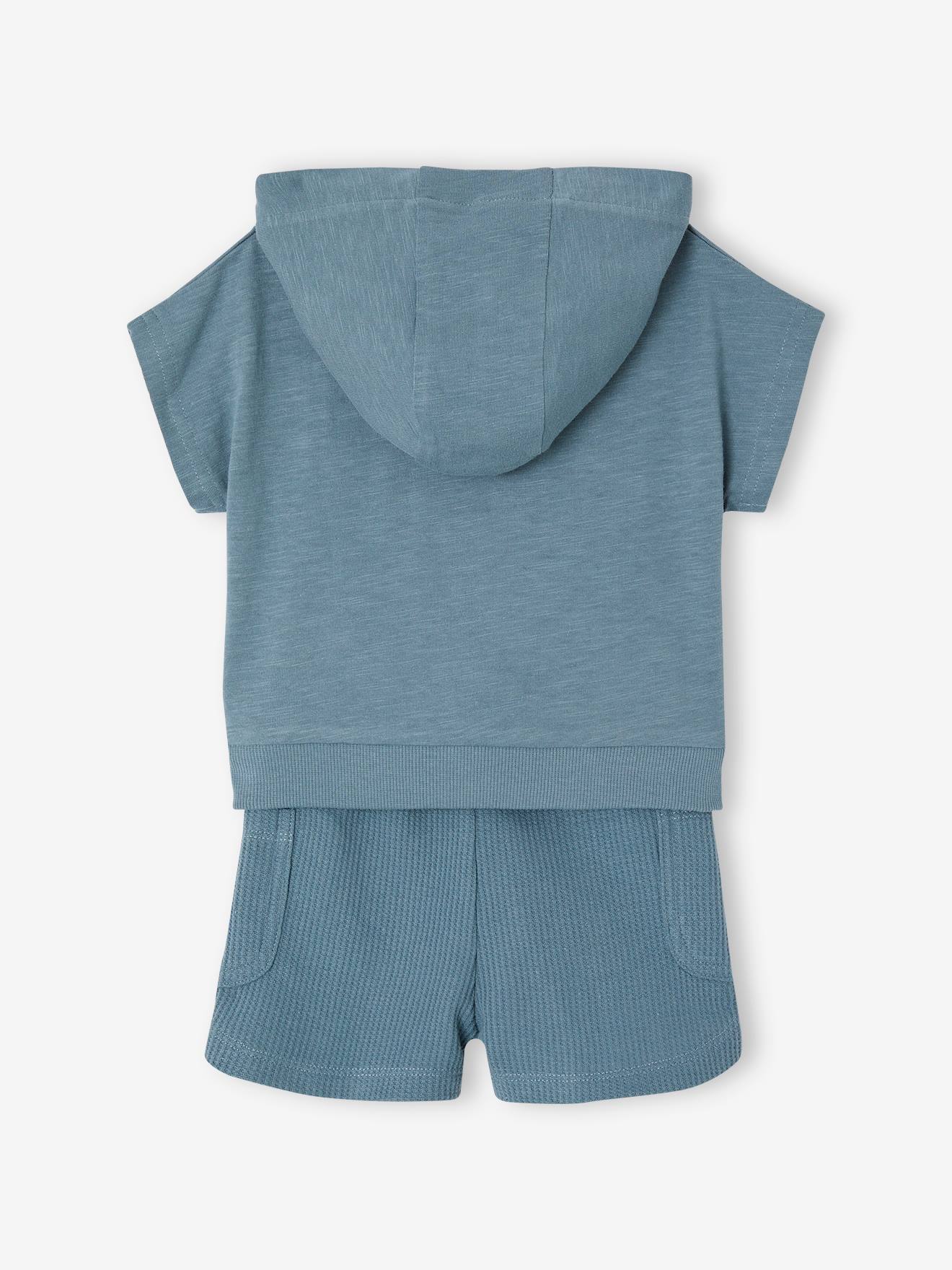 Vertbaudet Baby-Set: Kapuzenshirt & Shorts aus Waffelpikee - pfauenblau