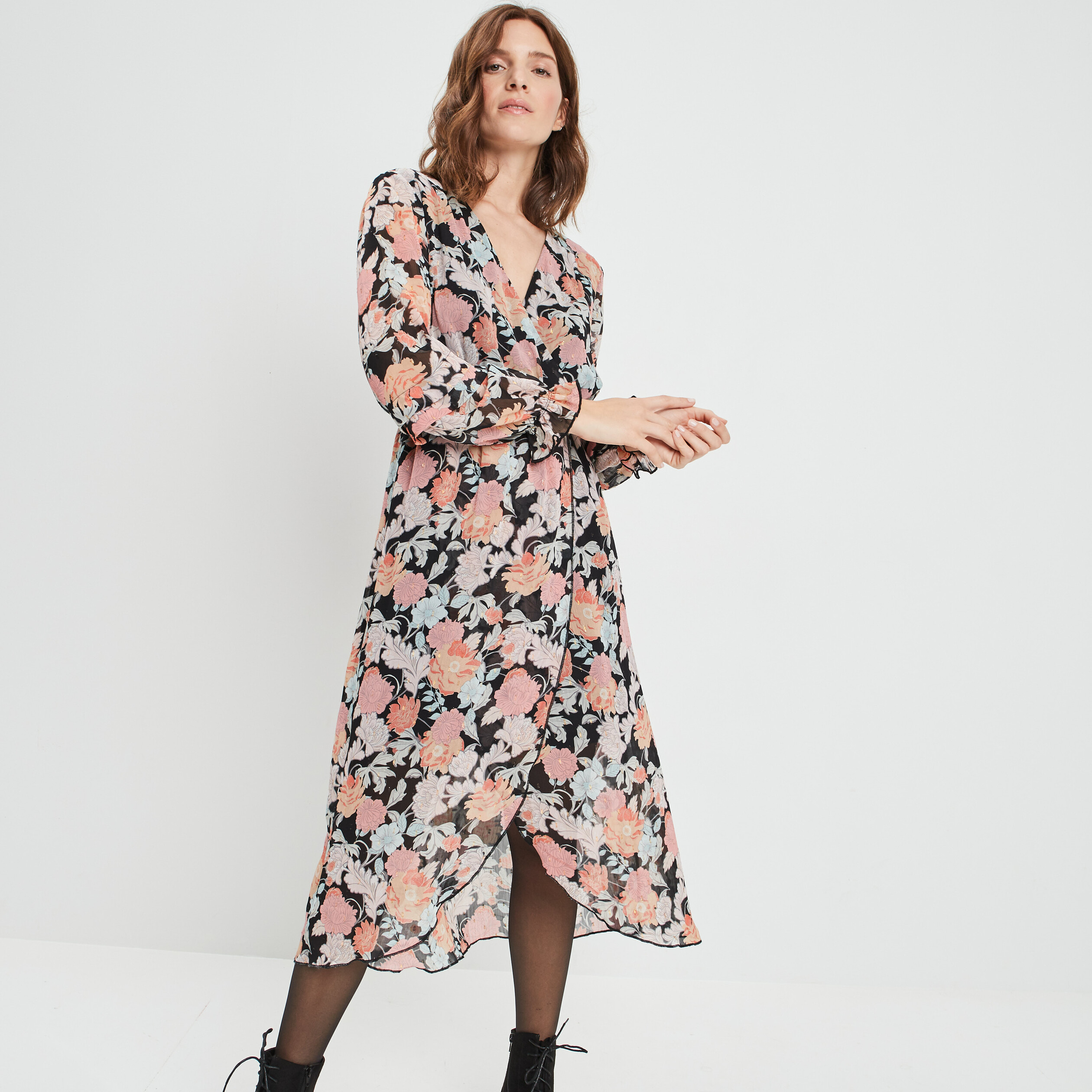 Robe longue fluide col cache-coeur noir femme | La Halle