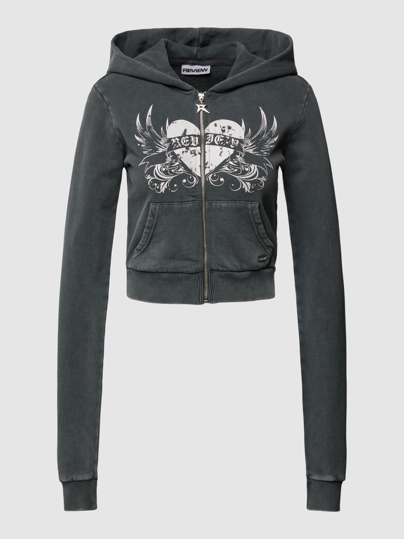 Sweatjacke mit Label-Print in anthrazit