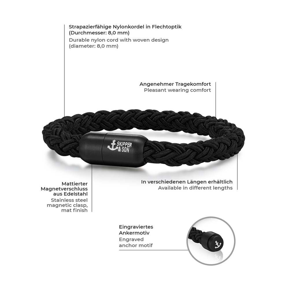 Skipper & Son Bracelet en acier inoxydable Nylon en Noir Bracelet