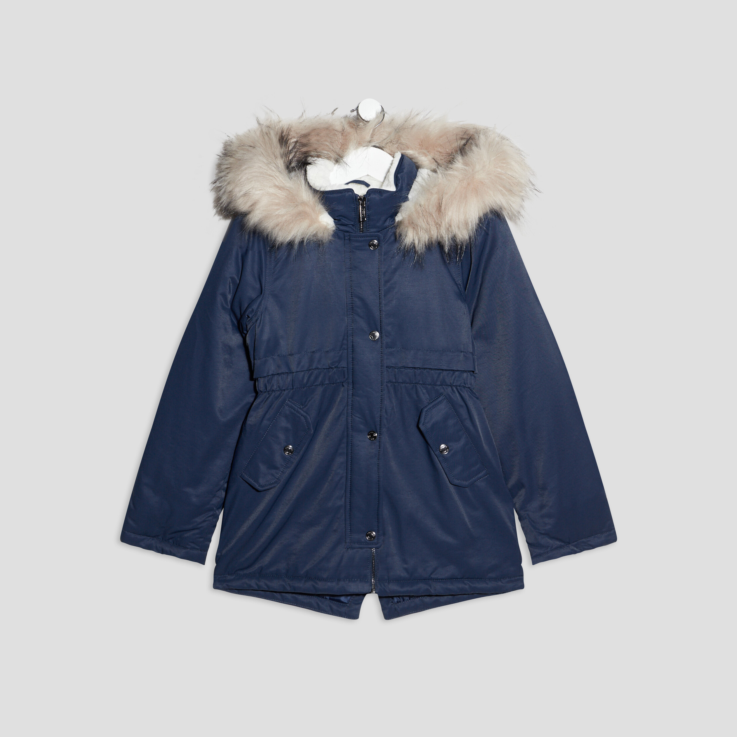 Parka droite capuche fausse fourrure bleu marine fille | La Halle
