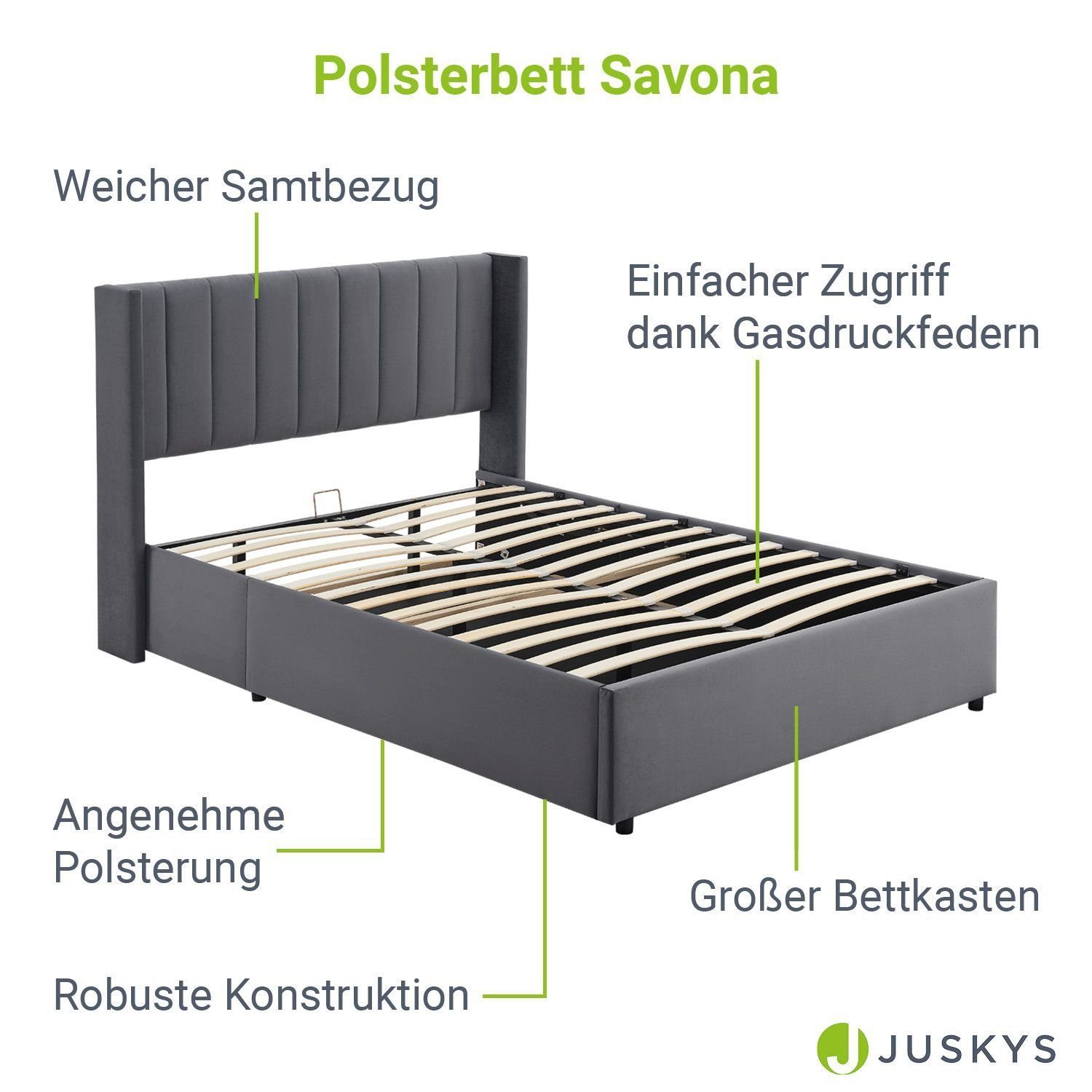 Juskys Polsterbett Savona, großer Bettkasten, mit Gasdruckfeder, weicher Samt-Bezug