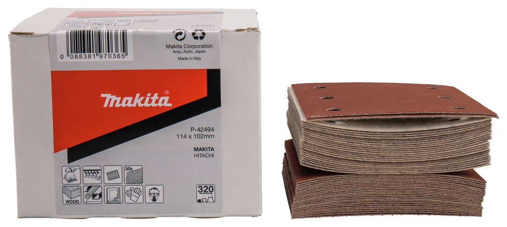 Makita Accessories P-42494 Foaie de șlefuit 114x102 K320 Velcro roșie 50 bucăți
