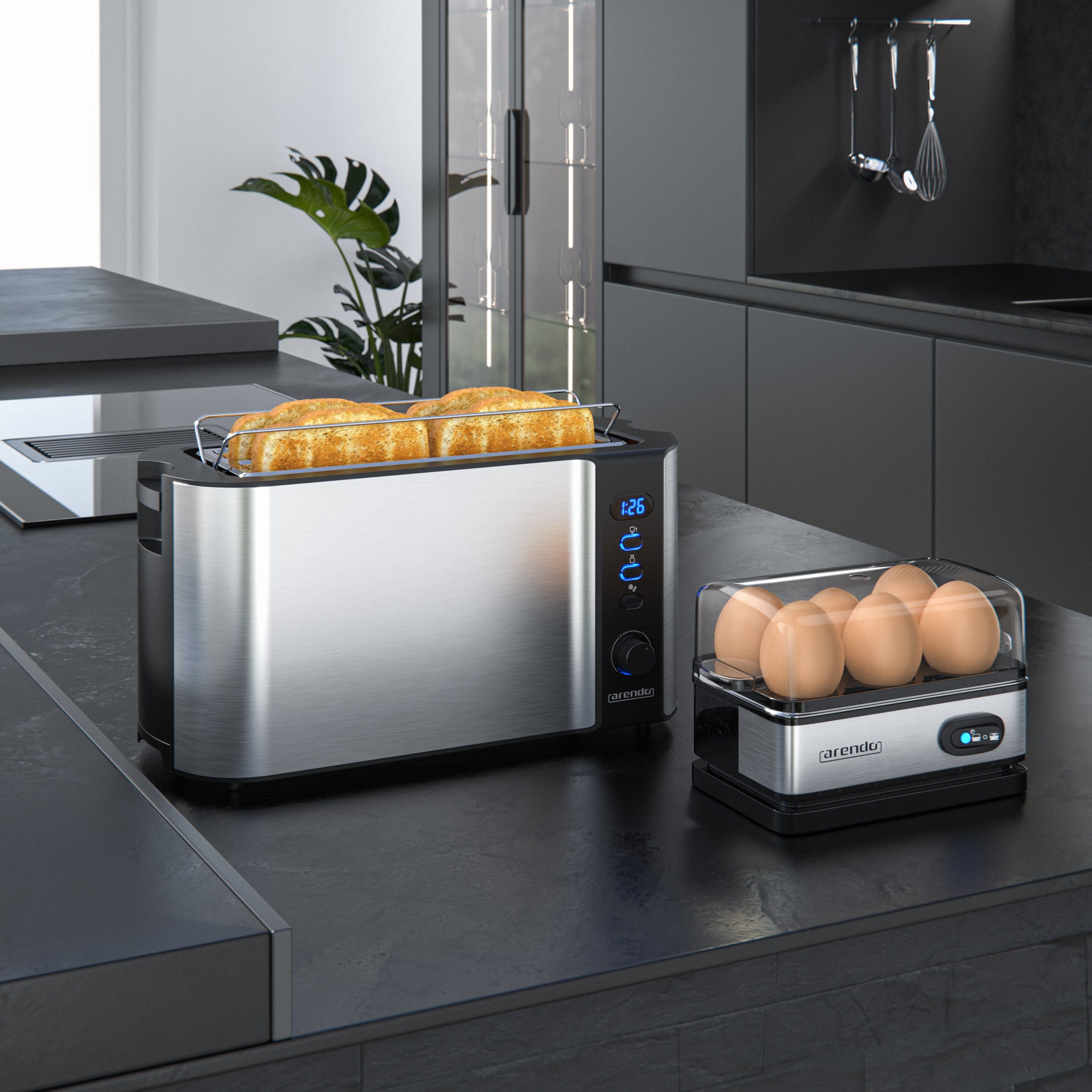 Arendo Frühstücks-Set (2-tlg), 4-Scheiben Langschlitz Toaster, 6er Eierkocher, Silber