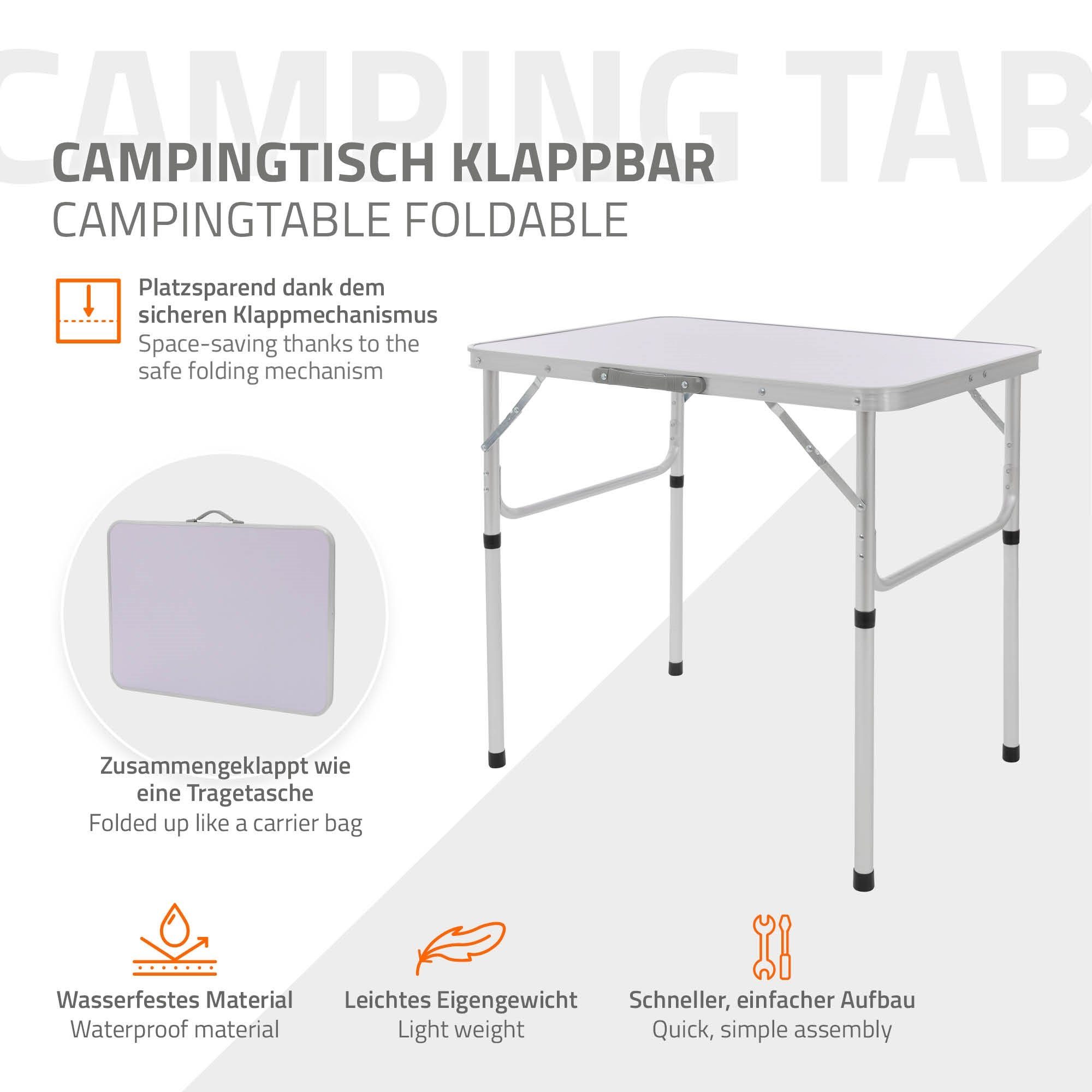 ML-DESIGN Klapptisch Campingtisch Tischplatte Gartentisch Falttisch Picknicktisch, Aluminium Silber-Weiß 75x55x68/32,5cm höhenverstellbar leicht MDF