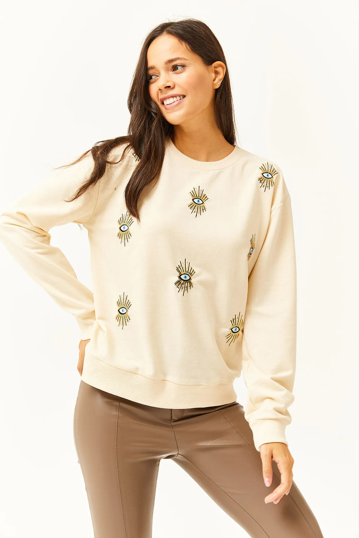 Olalook  Saisonales Damen-Sweatshirt mit aufgesticktem Auge in Beige SWT-19000598