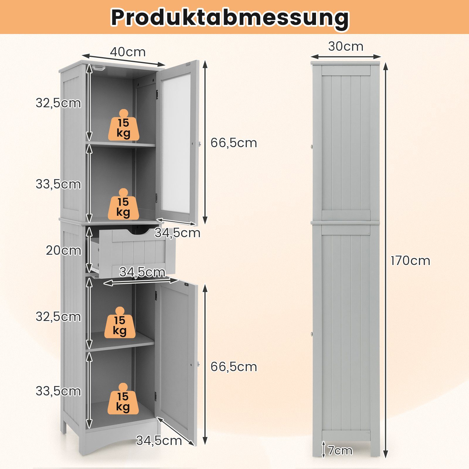 COSTWAY Hochschrank Bad, mit Schublade, 4 Fächern & Glastür, schmal, Holz, 170cm