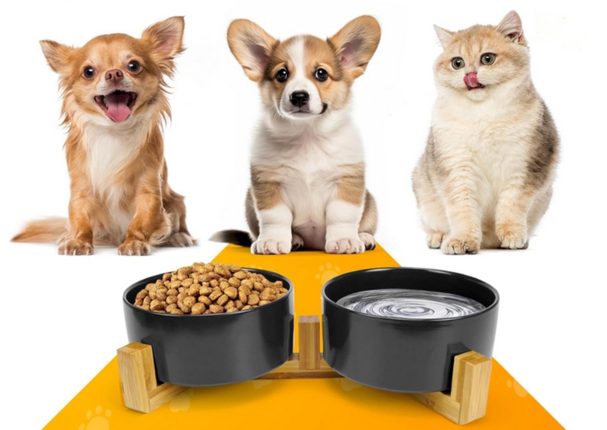 Bäll Futterstation Doppelnapf Keramik & Bambus für Hunde & Katzen, Lotus Effekt 800 ml, Keramik, langlebig, robust, umweltfreundlich, nachhaltig, biologisch abbaubar