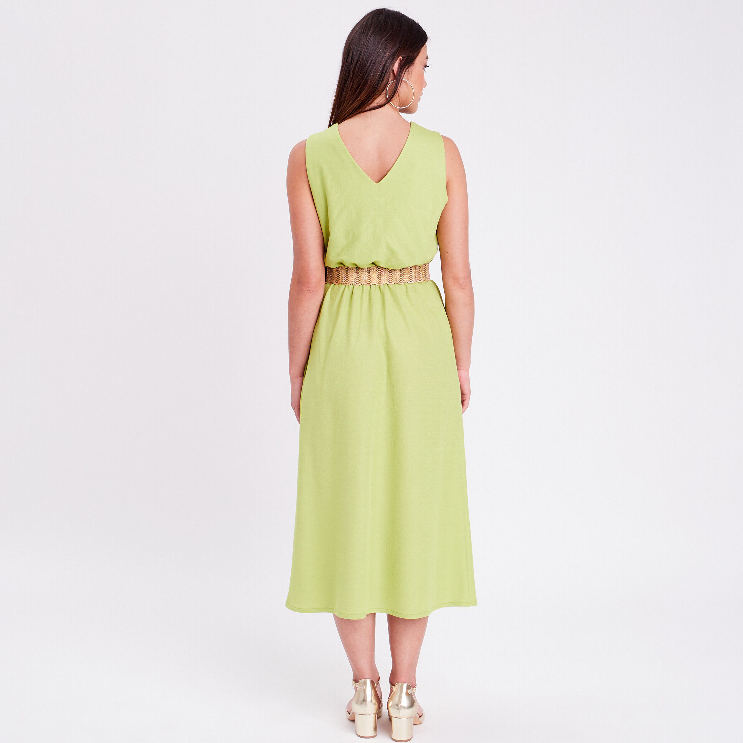 Robe midi évasée ceinturée vert anis femme | Cache Cache