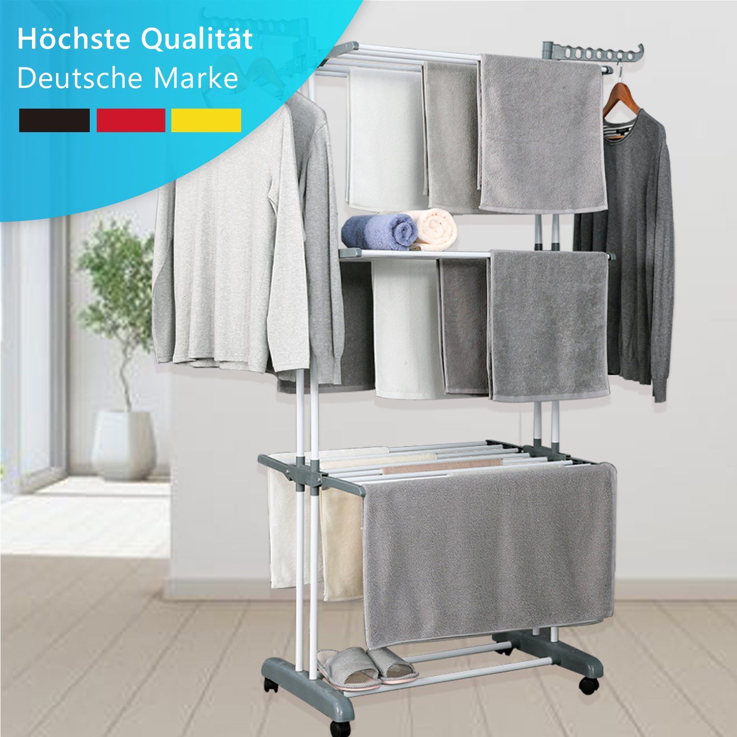 NYVI Turmwäscheständer Wäscheständer Turm LaundryFlex Turmwäscheständer Extra Groß & Stabil, Robuster Edelstahl Platzsparend Einklappbar 360° Räder 50Kg Tragkraft