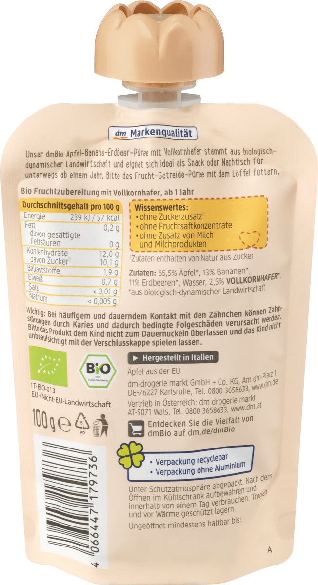Quetschie Apfel, Banane, Erdbeere mit Hafer ab 1Jahr, demeter, 100 g