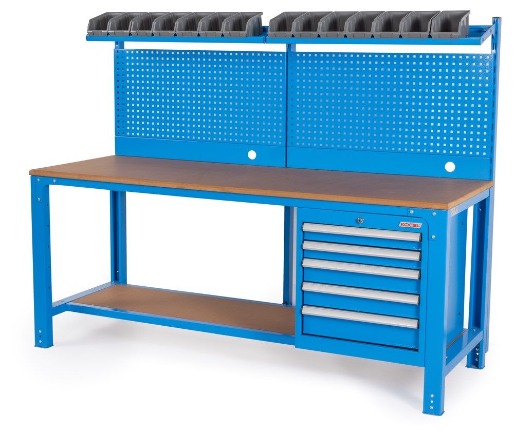 Banco da lavoro Huvema K3260 con 5 cassetti, piano di lavoro in MDF, parete portautensili e contenitori.