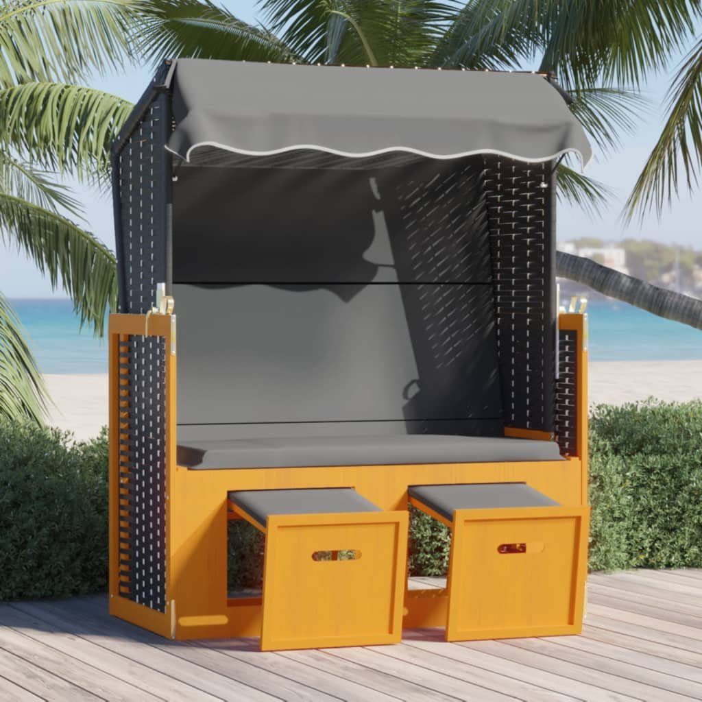 vidaXL Gartenliege Strandkorb mit Dach Poly Rattan & Massivholz Schwarz Anthrazit, 1 St.