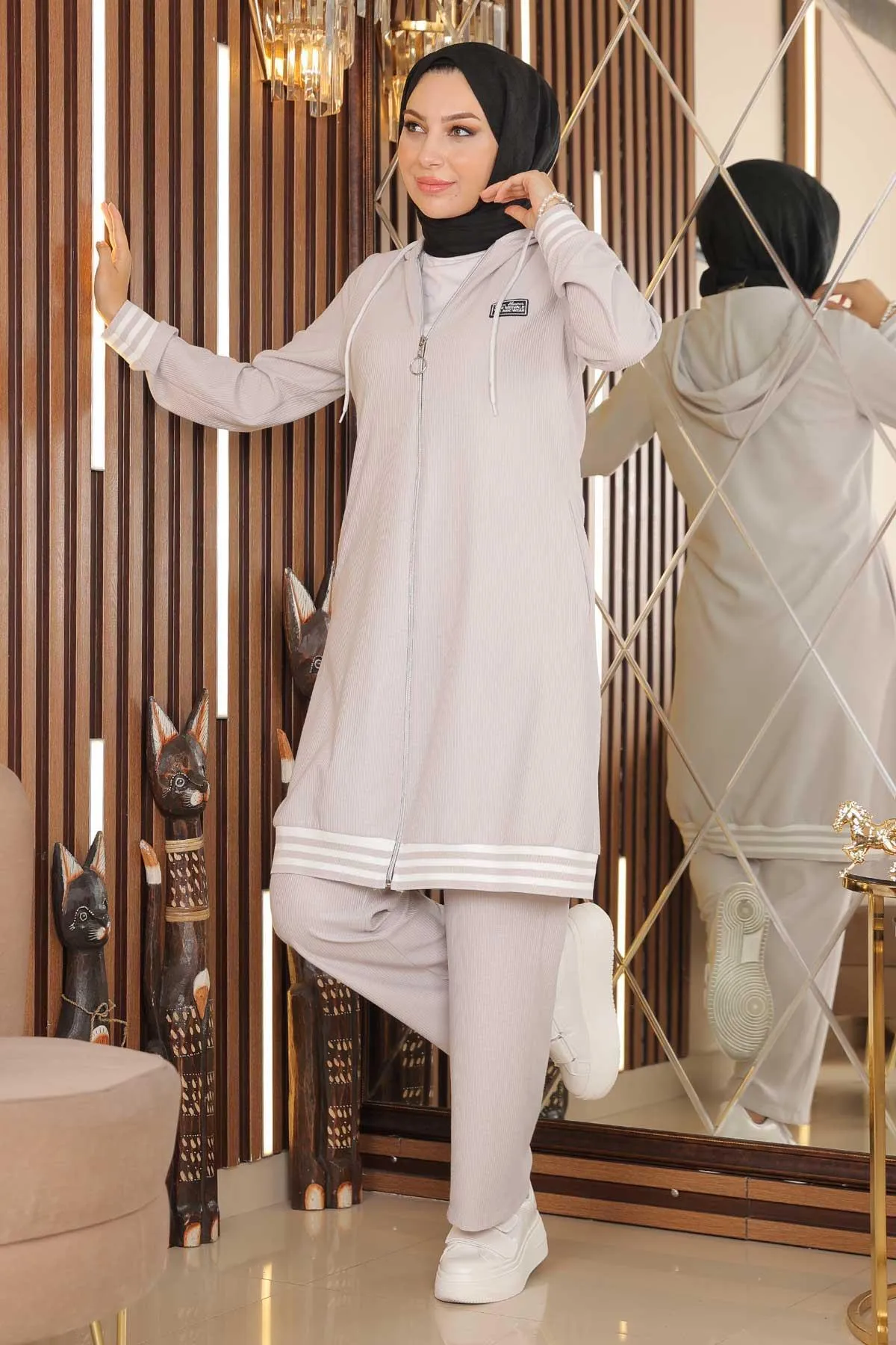 Modamihram  Gerippter Anzug mit Reißverschluss, Beige 10404