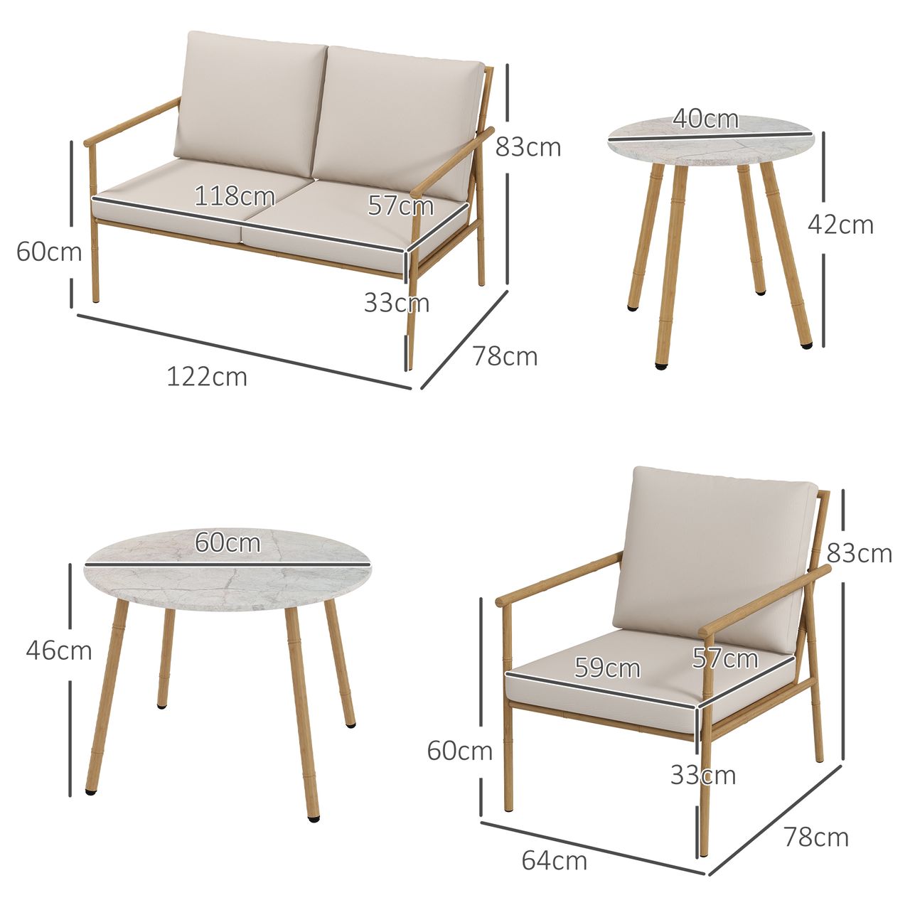Outsunny Sitzgruppe, Gartenmöbel-Set mit Sessel, Couchtisch, Zweisitzer Creme