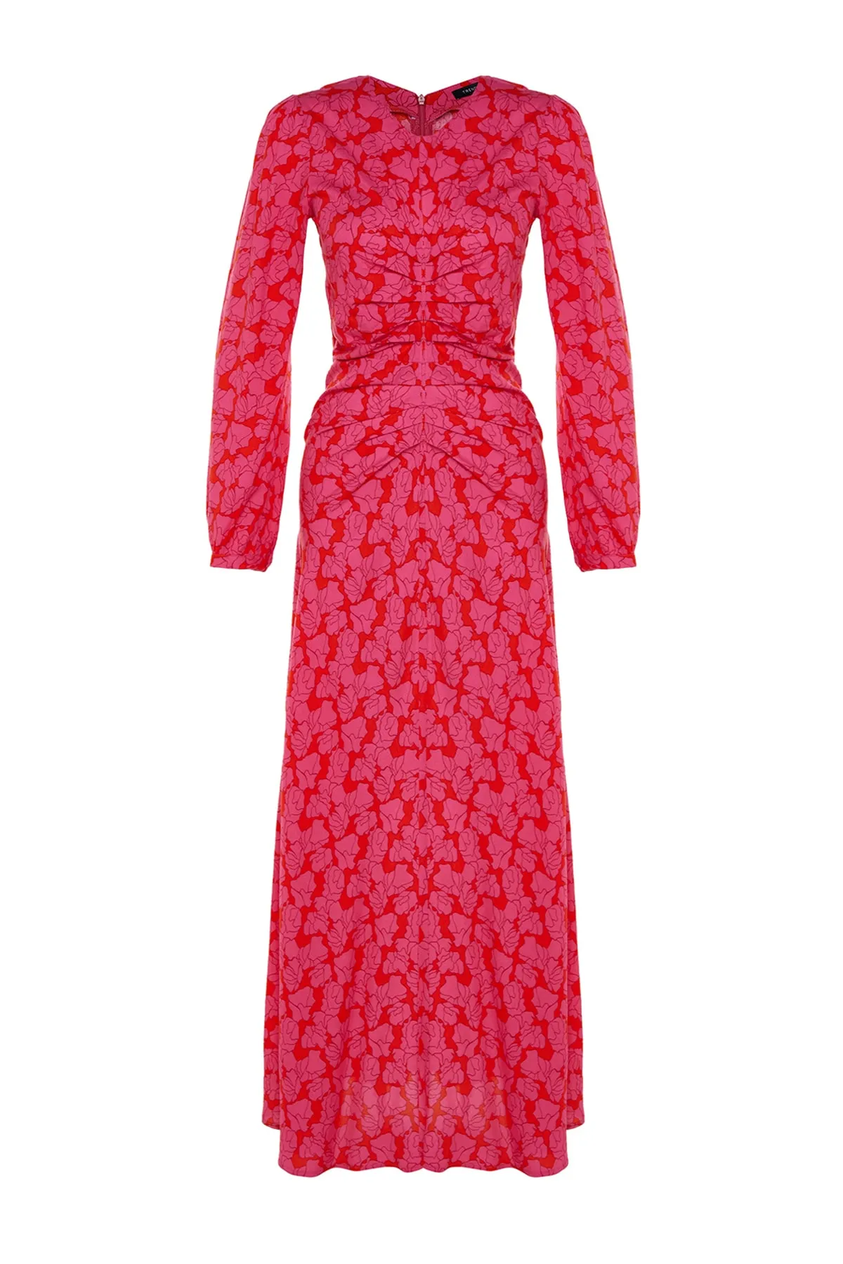 Trendyol Modest  Fuchsiafarbenes gewebtes Kleid mit Blumenmuster und Nähten an der Taille TCTSS22EB00105