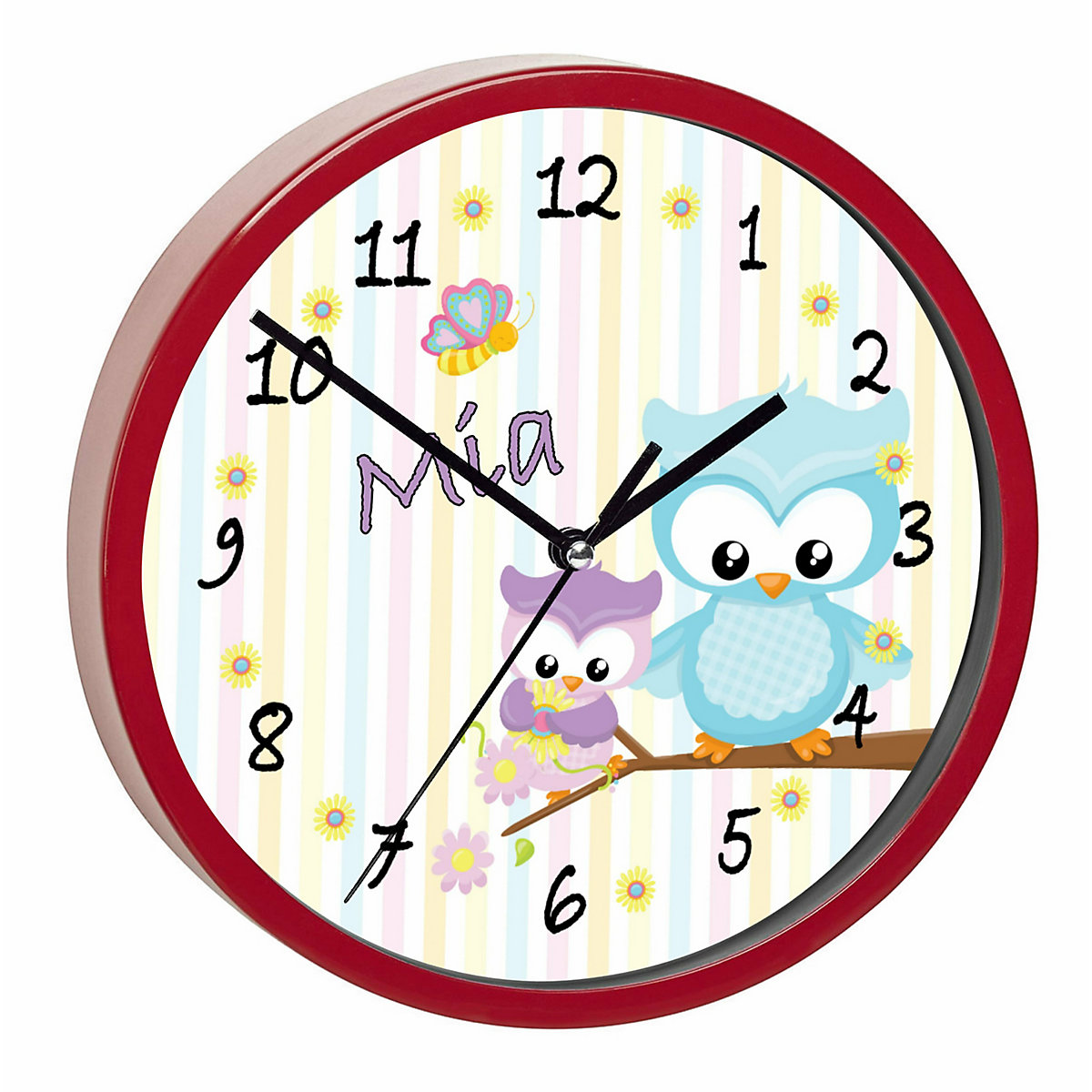 Kinder Wanduhr personalisiert mit Name Eule Frühling