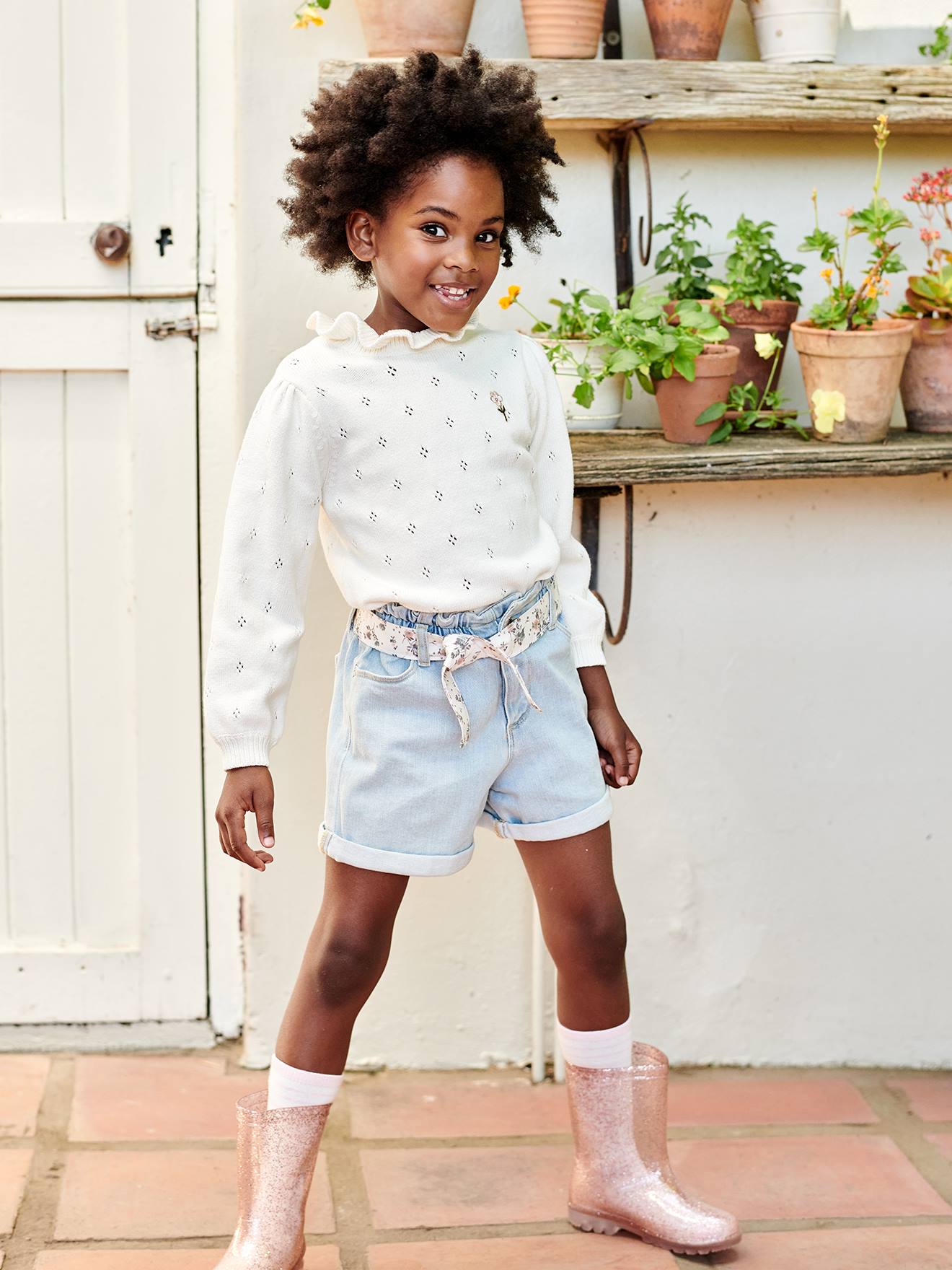 Pull fantaisie maille pointelle fille écru