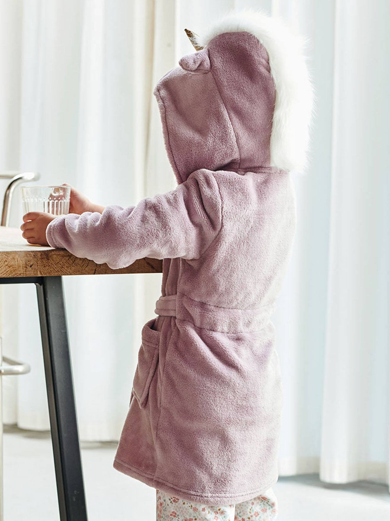 Robe de chambre licorne fille en maille peluche rose mauve