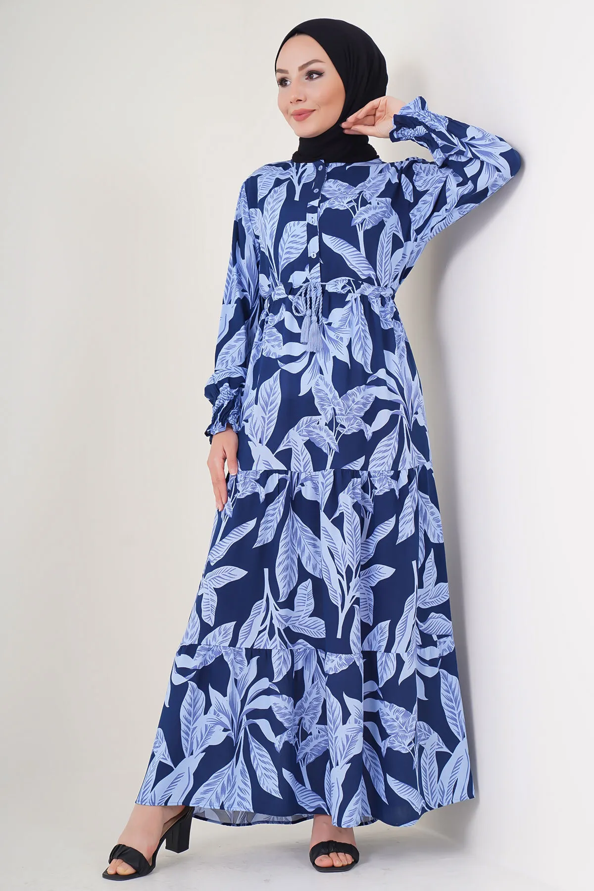 Bigdart  2145 Gemustertes Hijab-Kleid – Marineblau