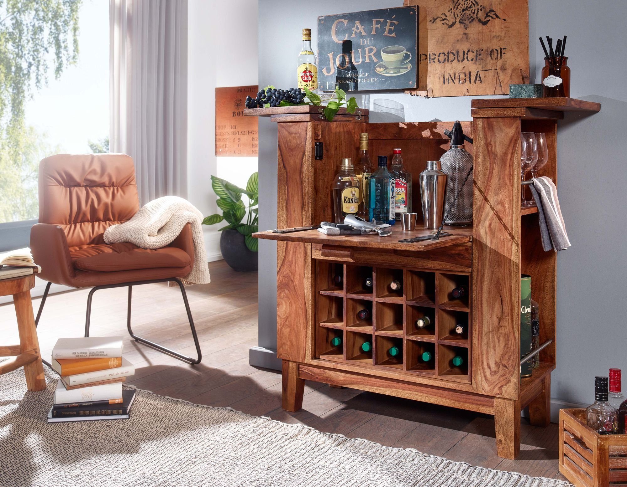 möbelando Barschrank Hausbar Sheesham Massivholz 88x102x40 cm Weinschra Hausbar Sheesham Massivholz 88x102x40 cm Weinschrank für Flaschen, Barschrank Aufklappbar mit Tür, Getränkeschrank Landhaus Weinbar Modern
