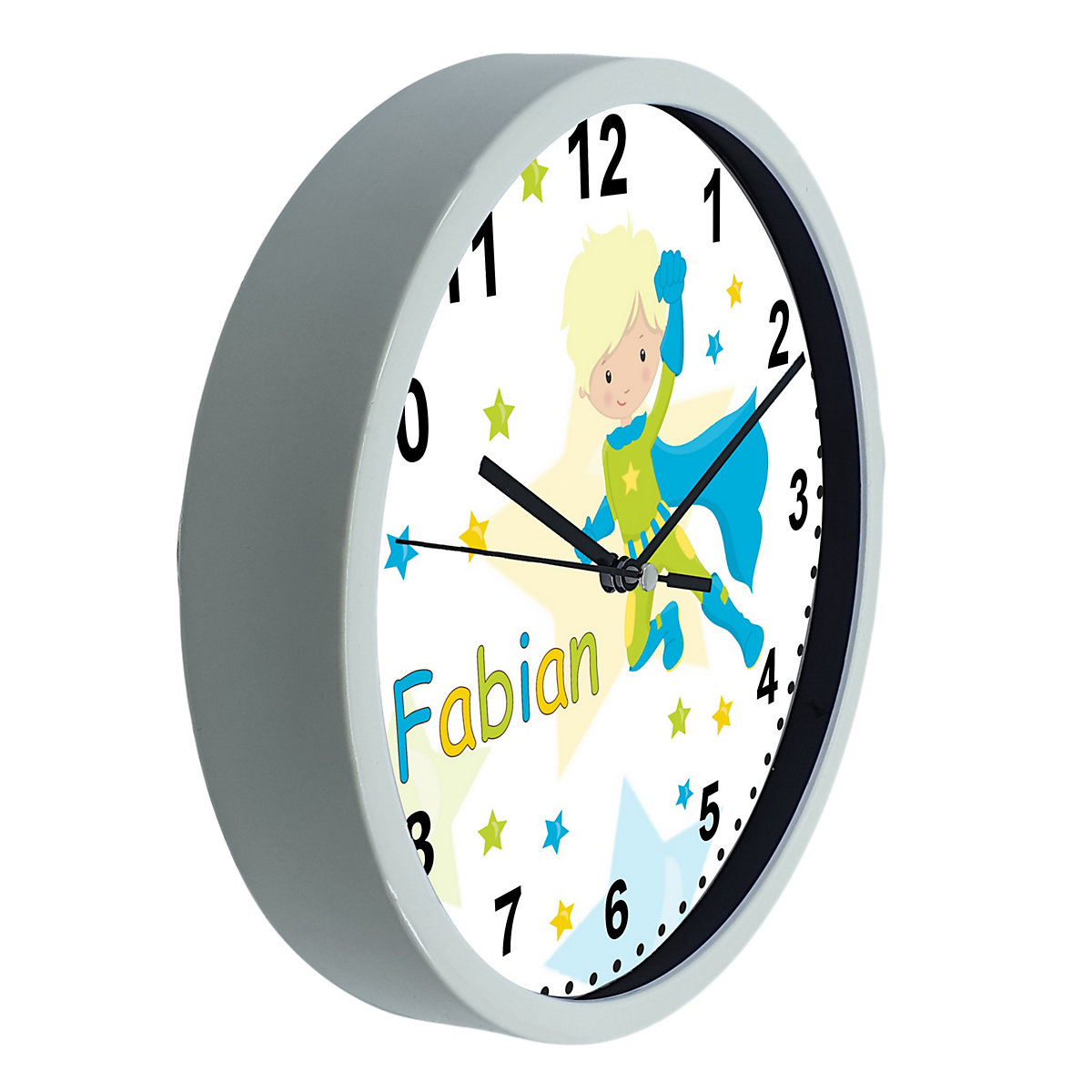 Kinder Wanduhr laufruhig personalisiert mit Name Superheld