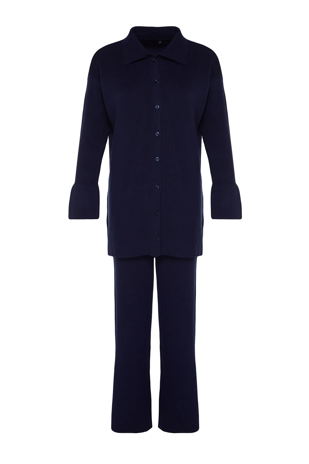 Trendyol Modest  Marineblaues Strickset mit Cardigan und Hose mit Schlitzdetail TCTAW23US00028