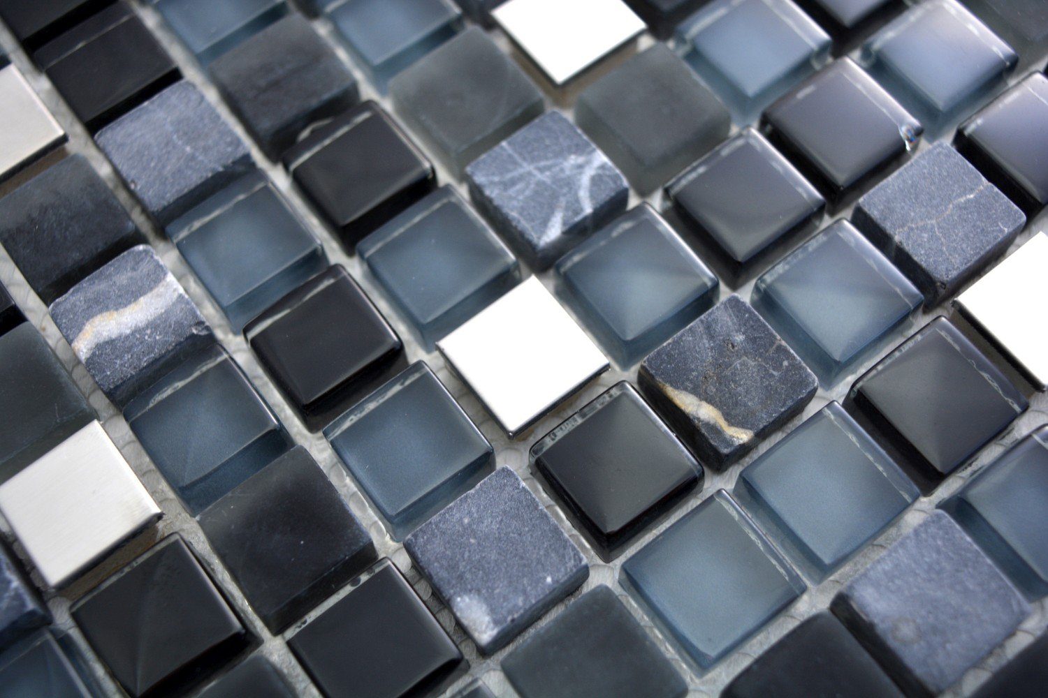 Mosani Mosaikfliesen Glasmosaik Naturstein Edelstahl Mosaik schwarz glänzend / 10 Matten