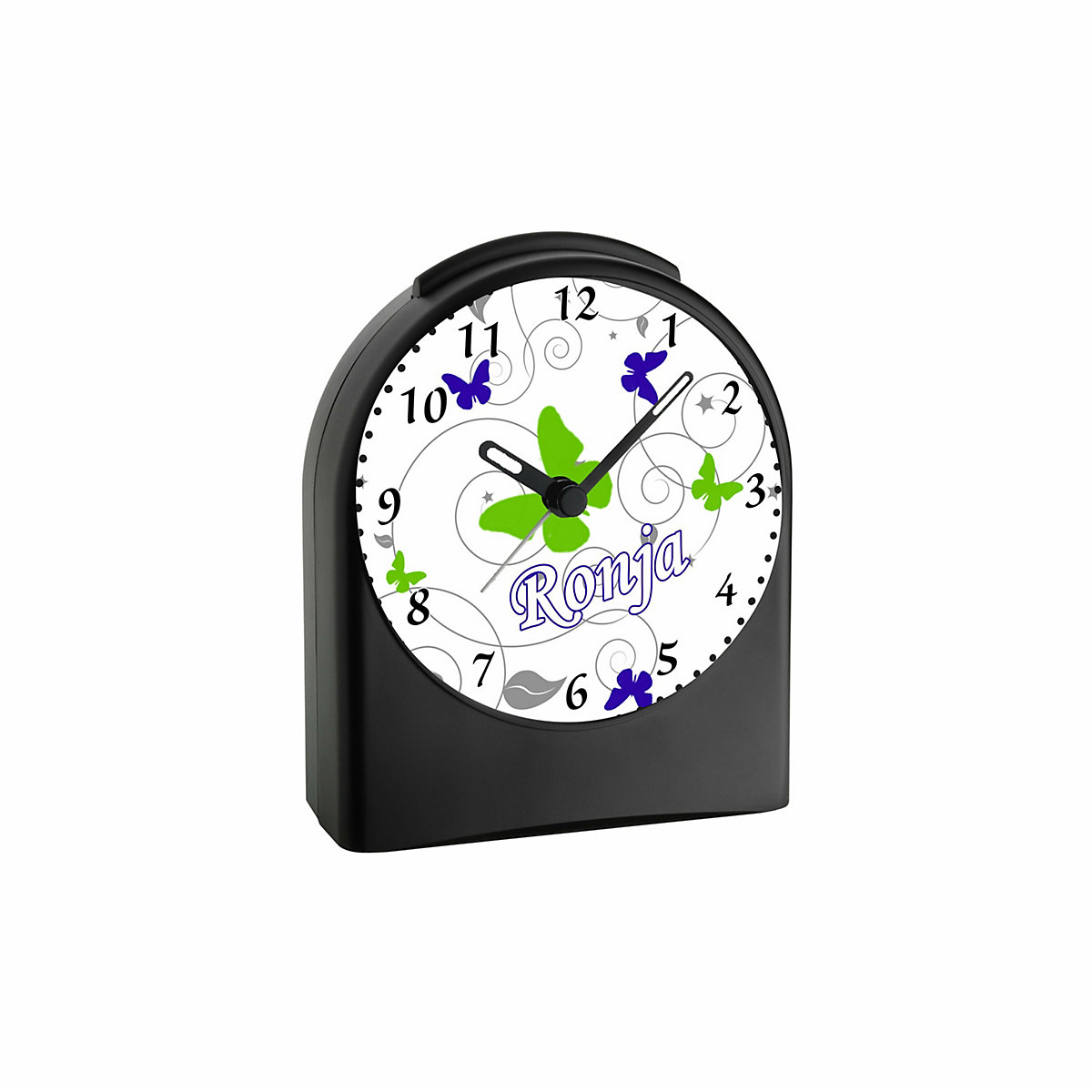 Kinder Funkwecker personalisiert mit Namen Schmetterling Ornamente Atom-/Funkuhr, 12-Stunden-Anzeigeformat, Schlummerfunktion, Nachtlicht, Geräuschlos/Ohne Ticken