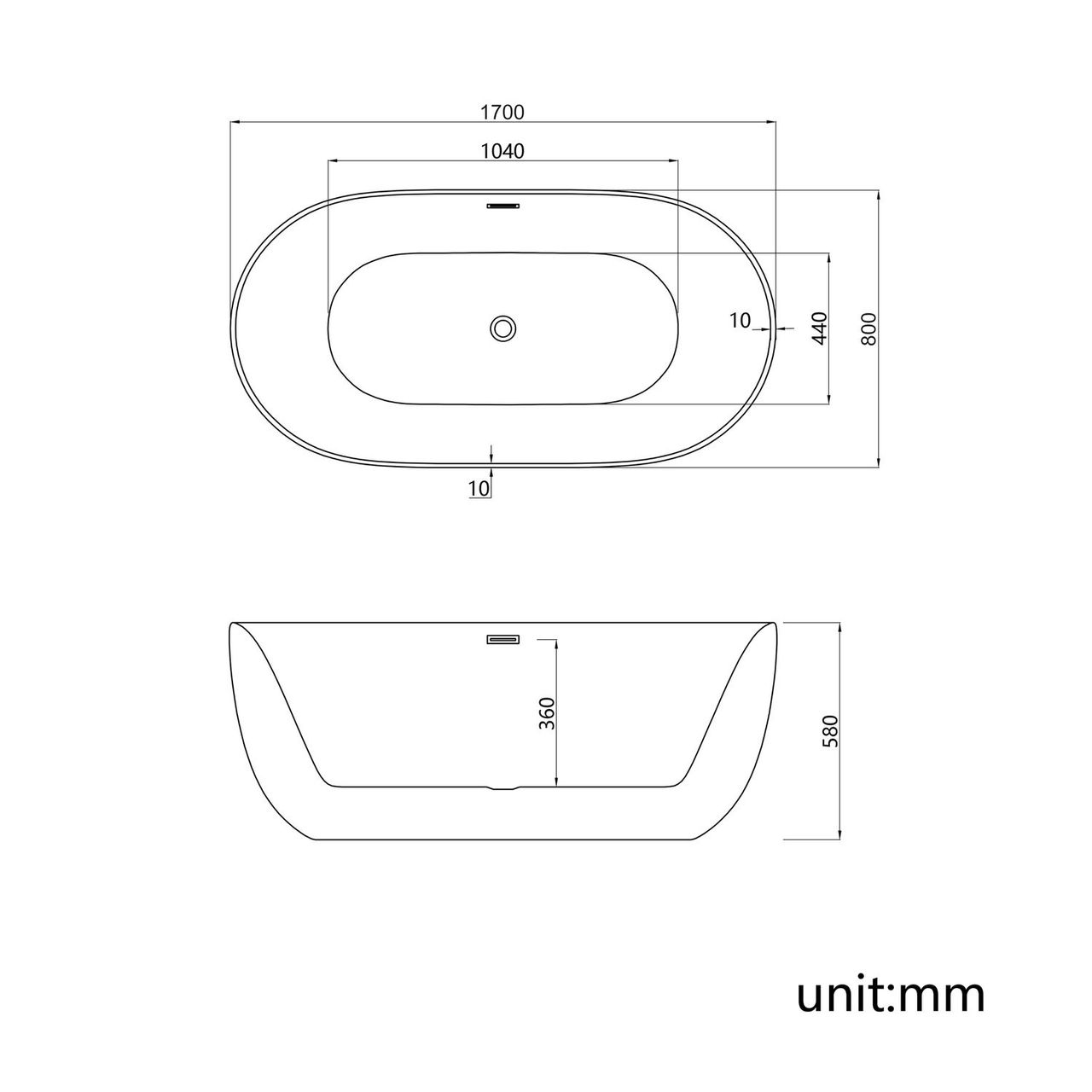 TroniTechnik Freistehende Badewanne Acrylbadewanne Standbadewanne Sifnos 170cm x 80cm x 58cm