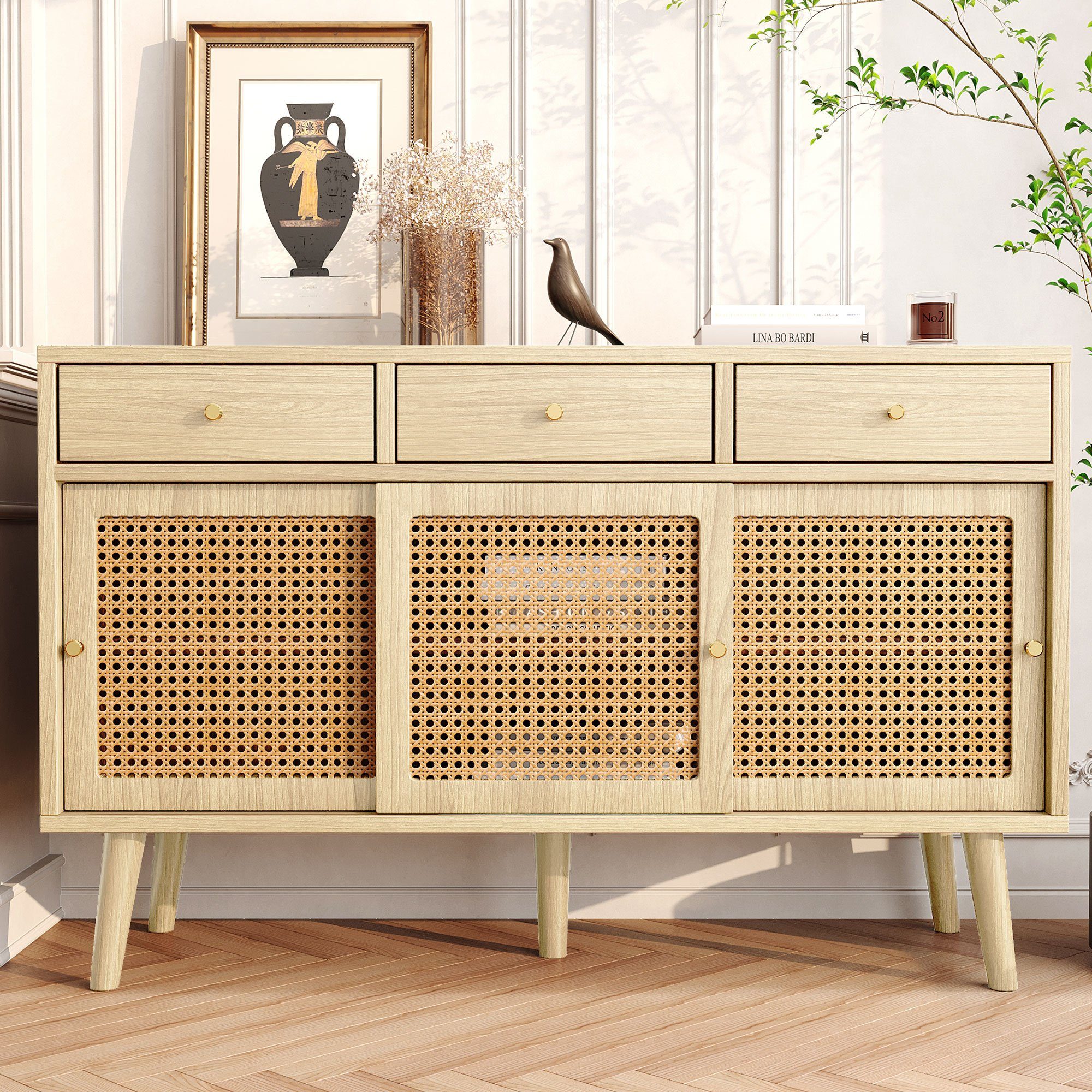 REDOM Sideboard Kommode (verstellbare Ablagen), mit 3 Schubladen und 3 Schiebetüren, 120x 40x78cm
